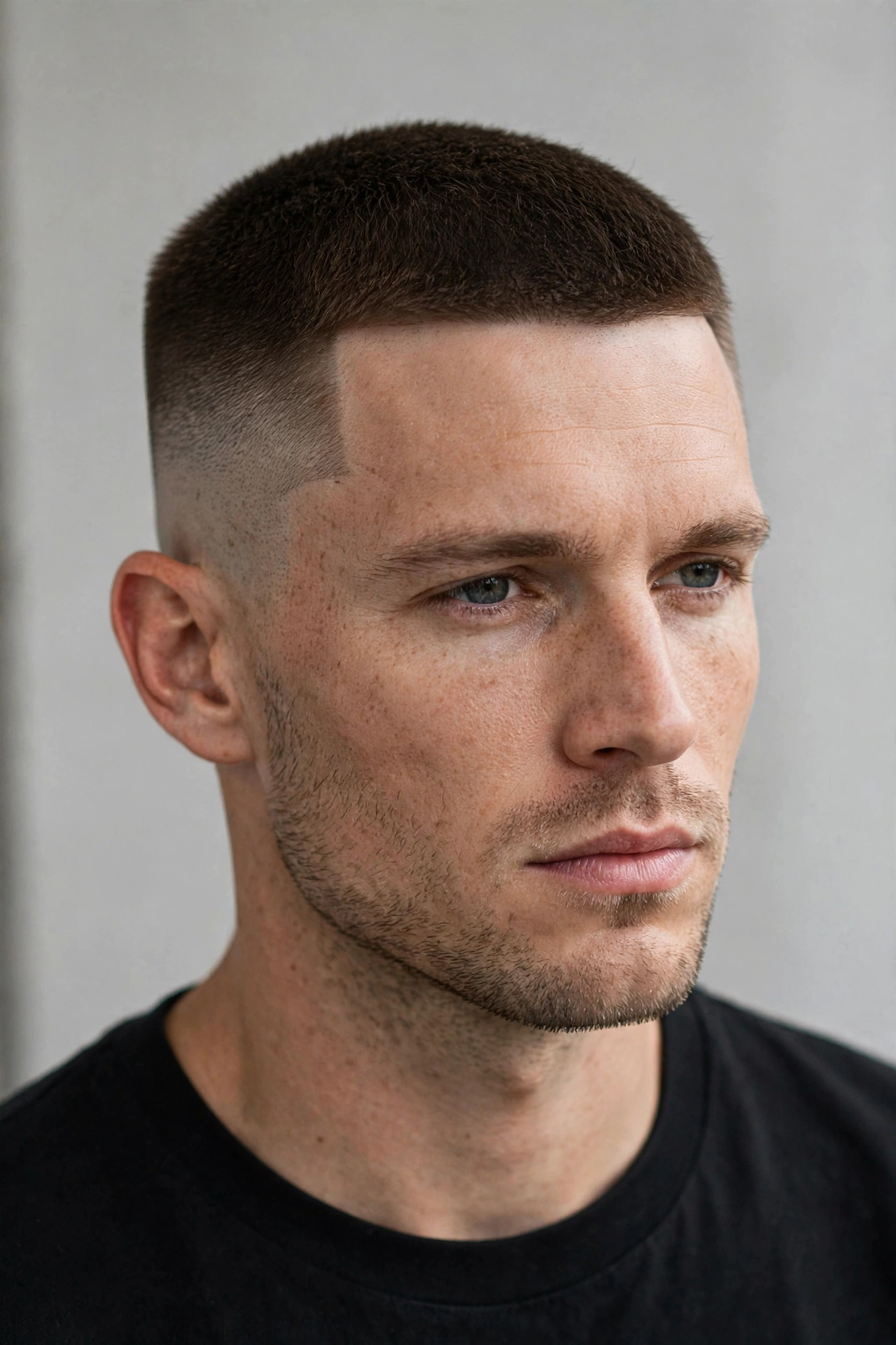 classic high and tight on a male model, #1 faded sides, short even top, neutral studio background