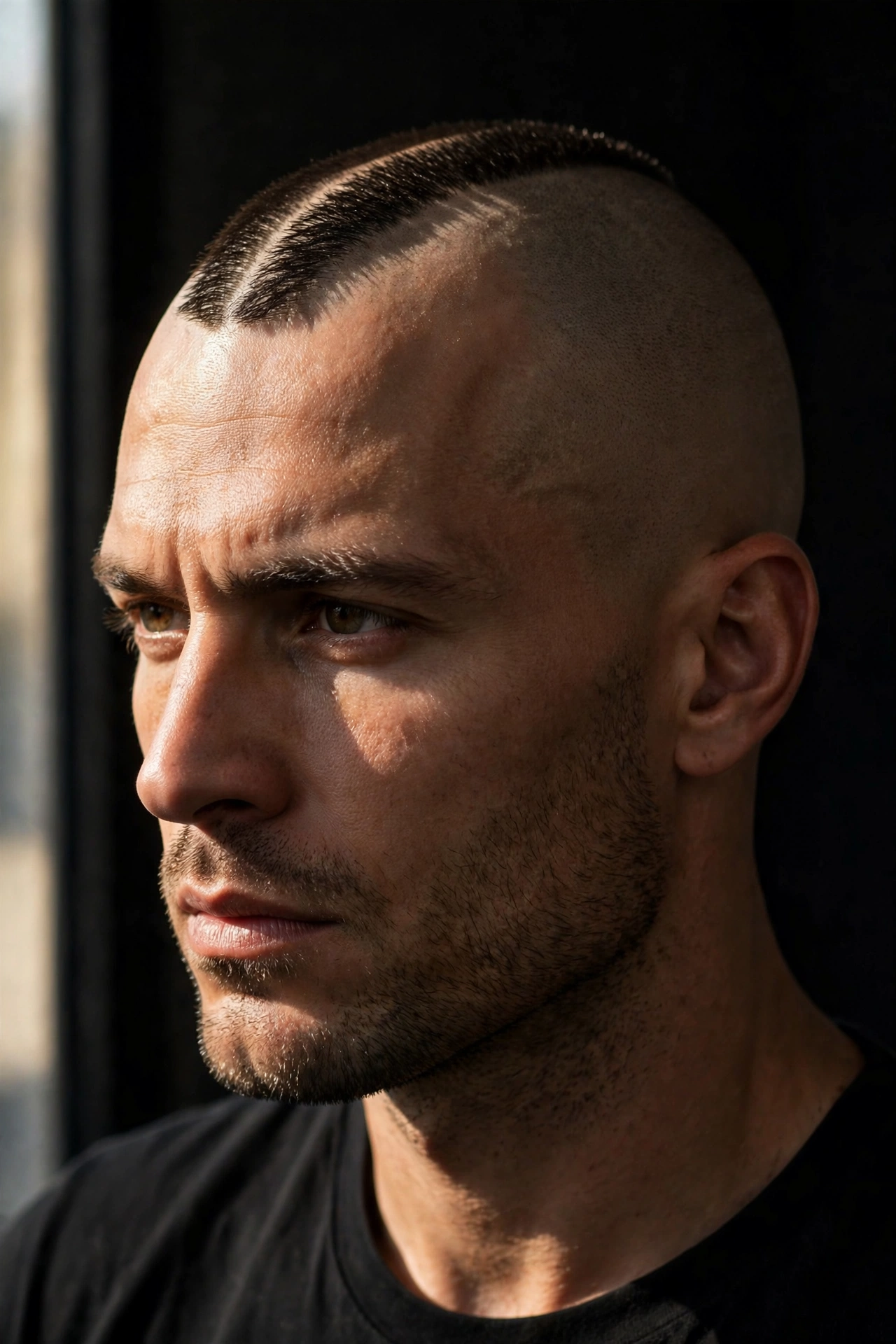 extreme recon high and tight, narrow landing strip of hair on top, skin-faded sides, dramatic contrast