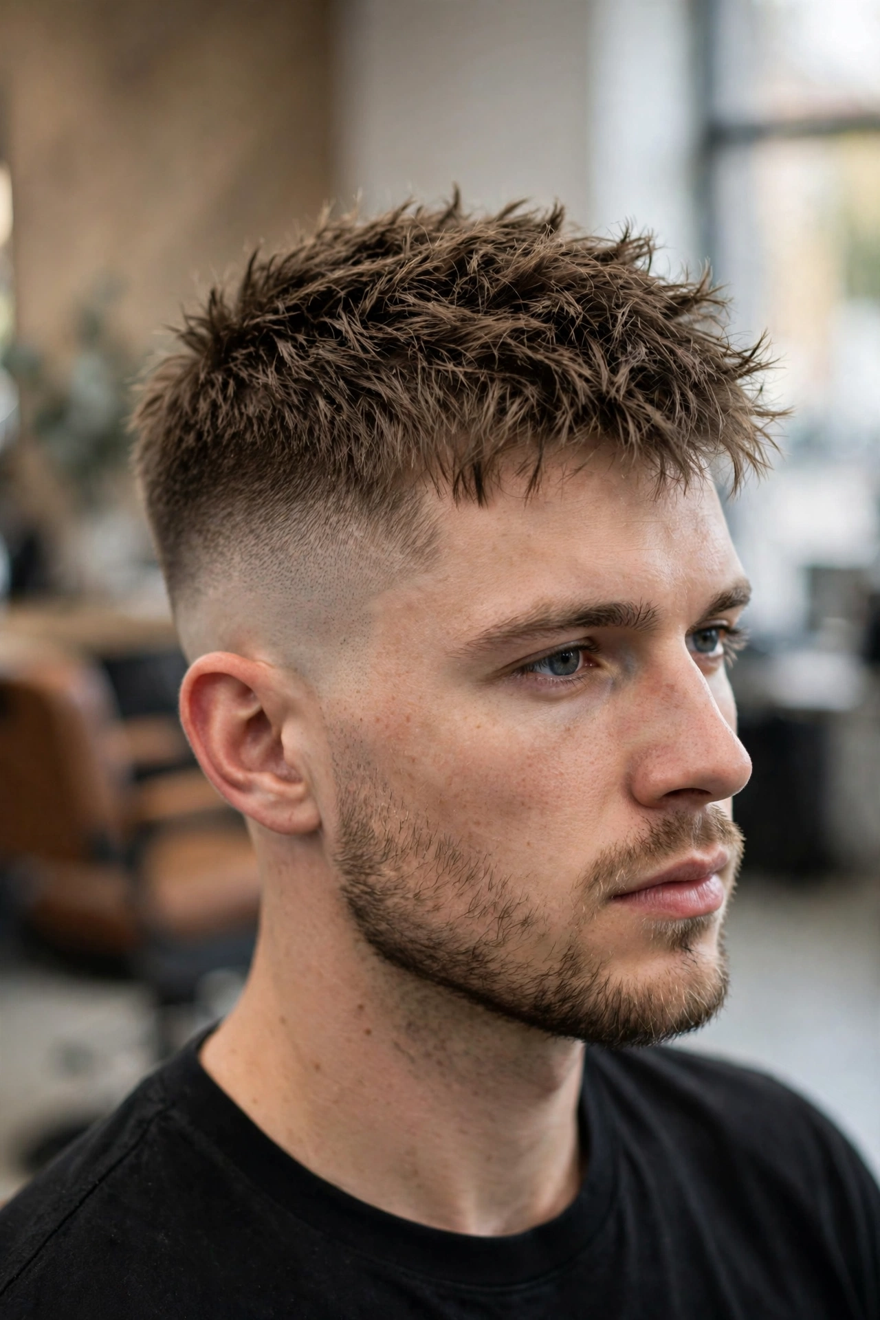 textured high and tight with choppy point-cut top, modern barbershop, hair hero shot