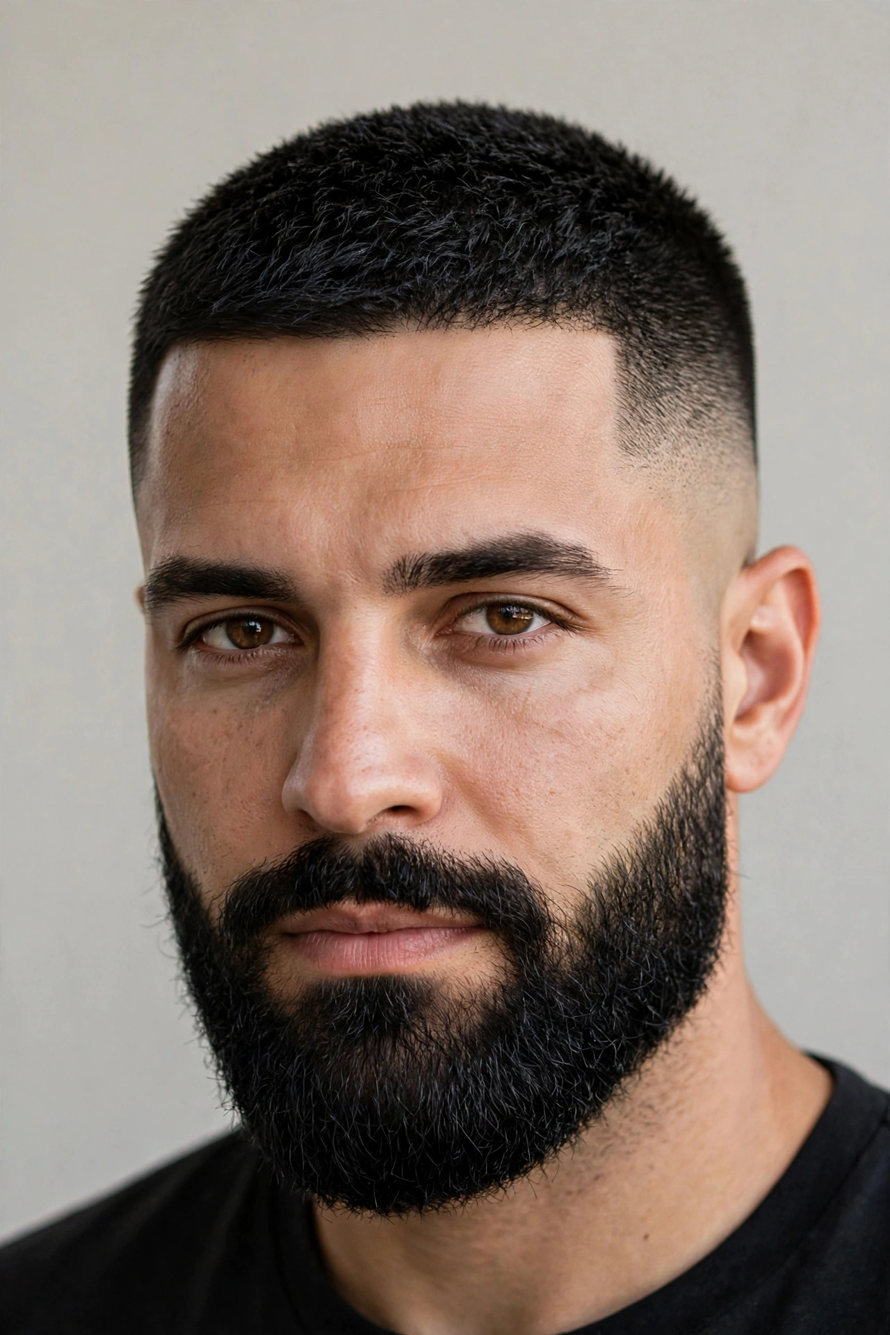 man with high and tight haircut paired with a full dark beard, sharp fade blending into beard, studio portrait