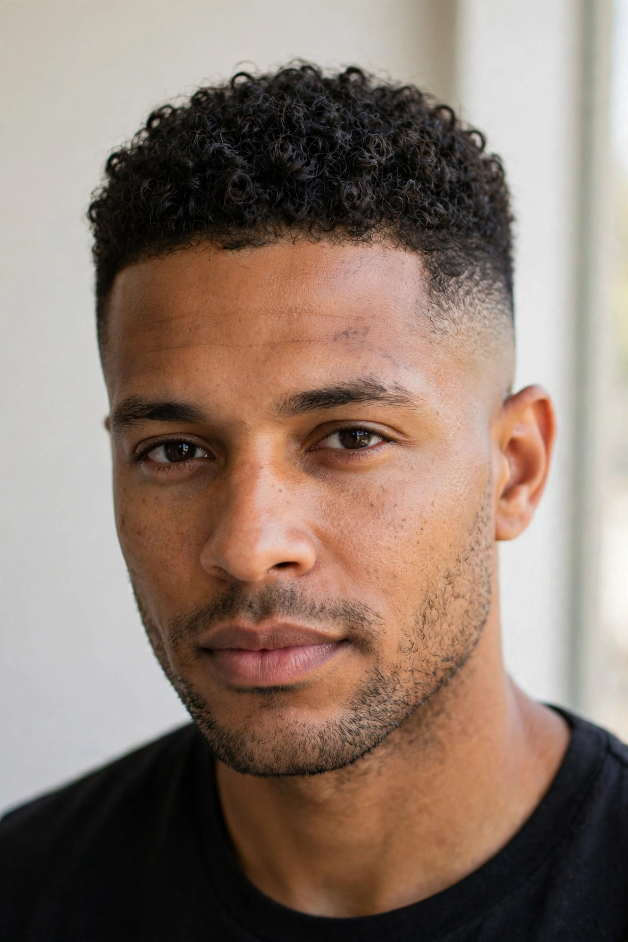 curly-haired man with high and tight, tight faded sides and short defined curls on top, natural light portrait