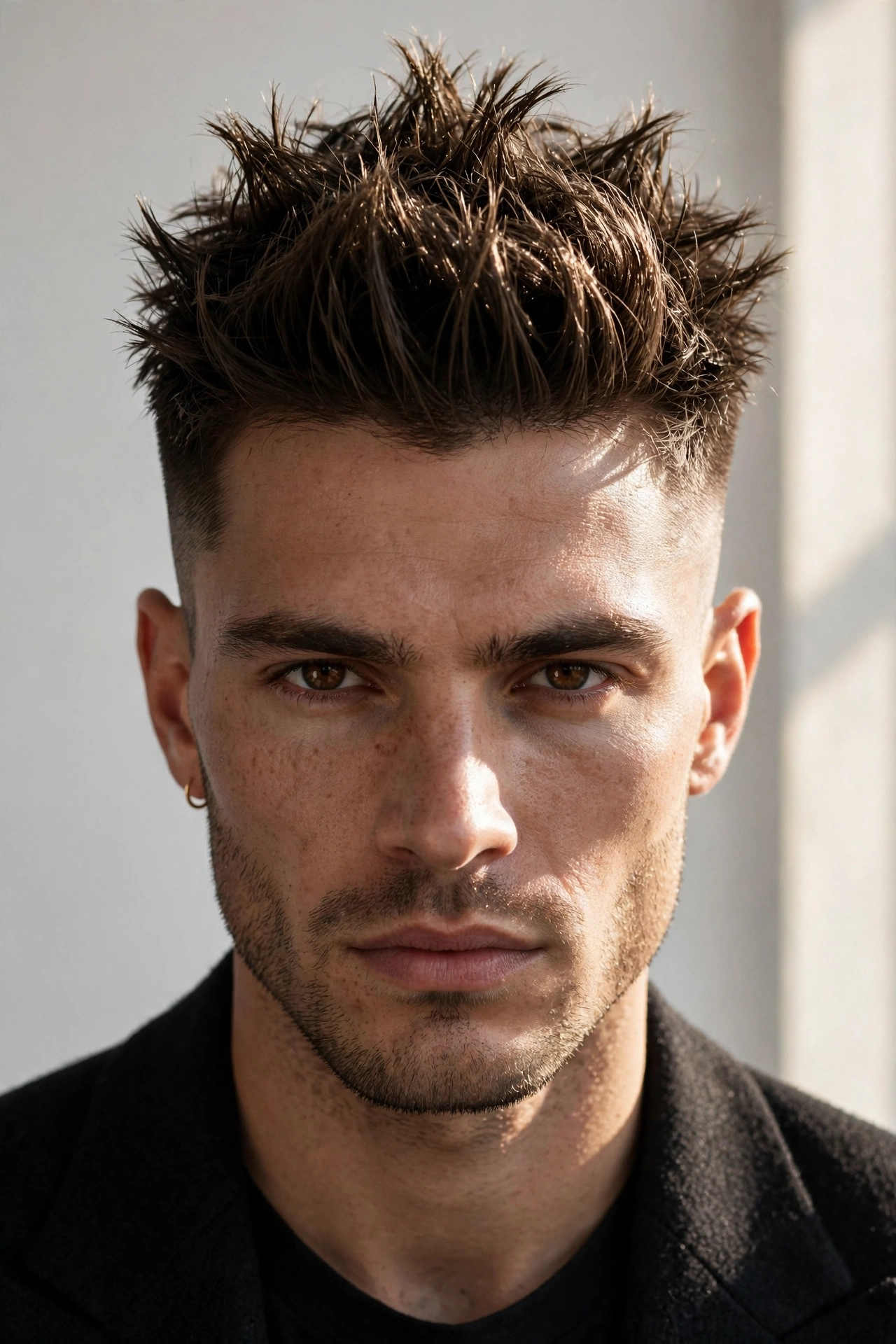 high and tight with longer two-inch textured top styled upward, high skin fade sides, fashion portrait