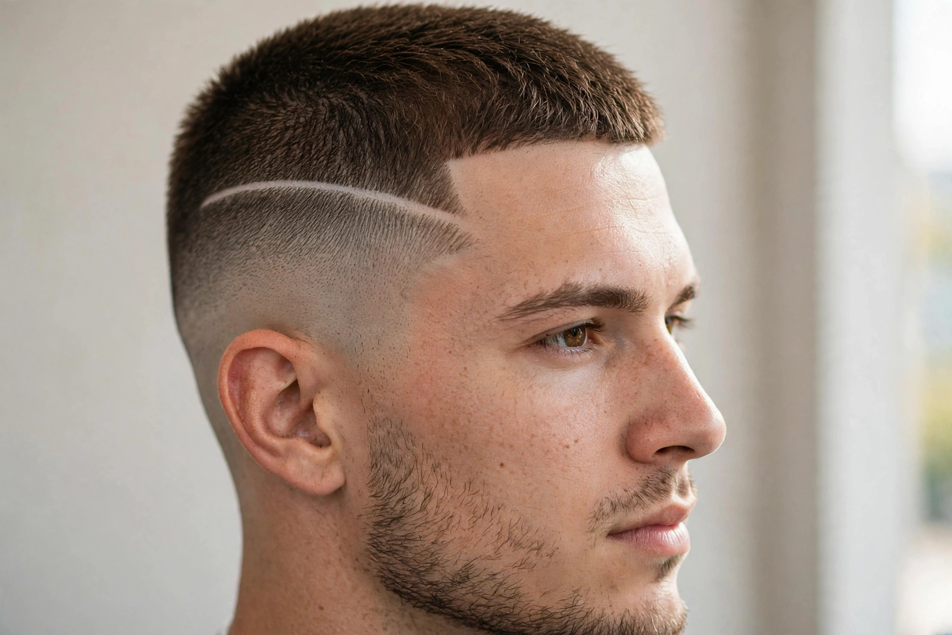 high and tight with a crisp razor hard part line shaved into the side, sharp detail