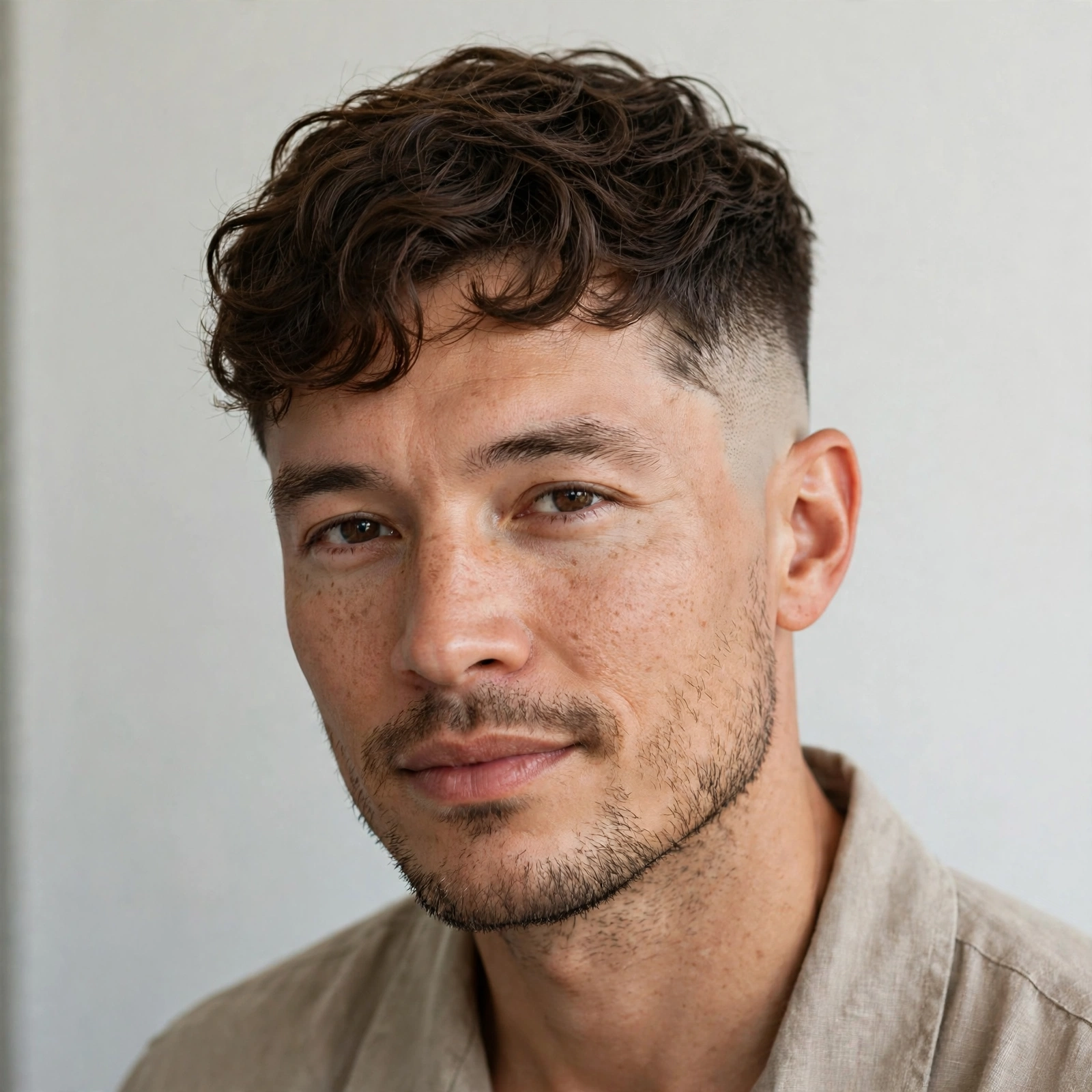 man with wavy hair on top and high and tight faded sides, relaxed premium portrait