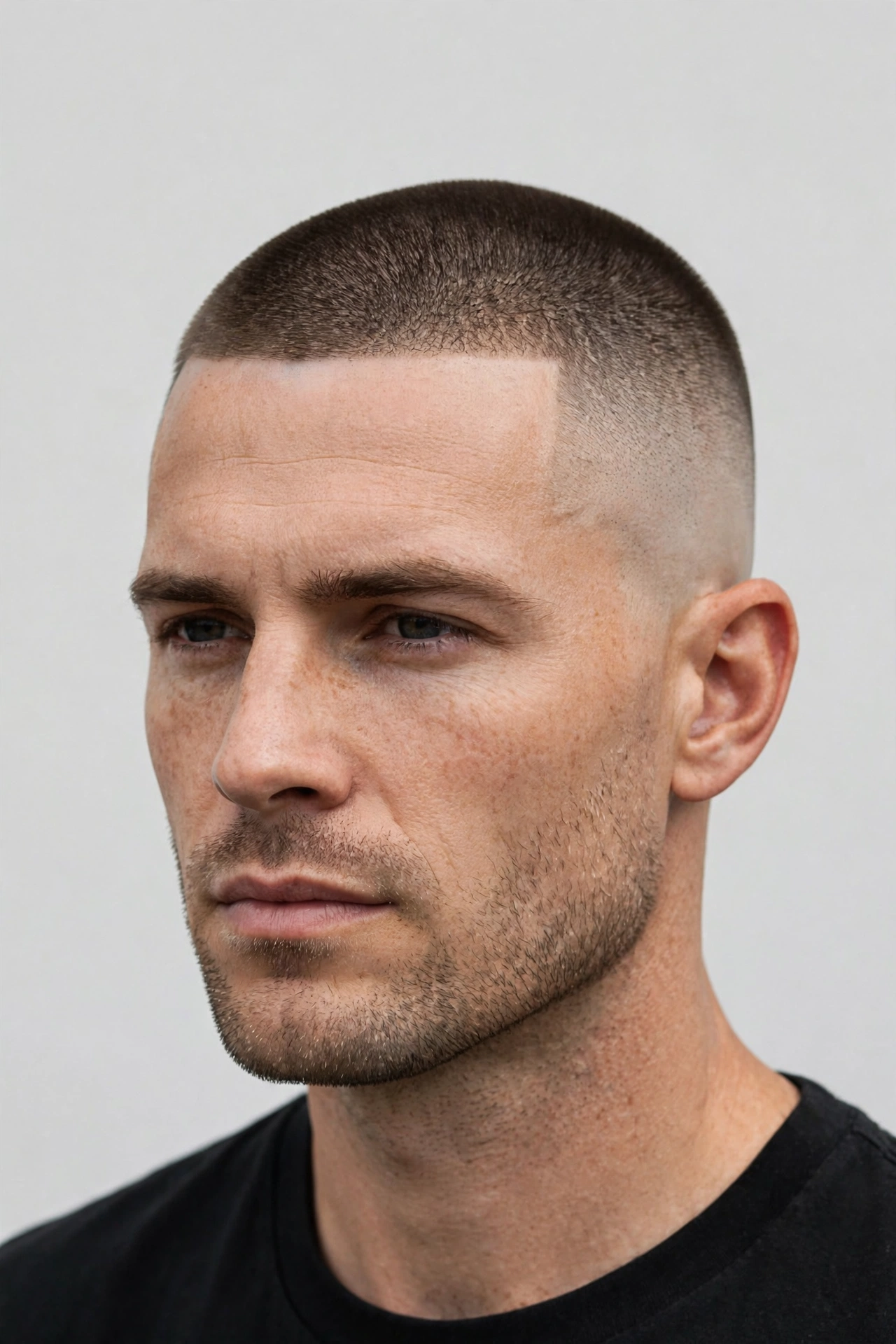 very short buzzed high and tight, #1 all over with high fade, minimal clean look