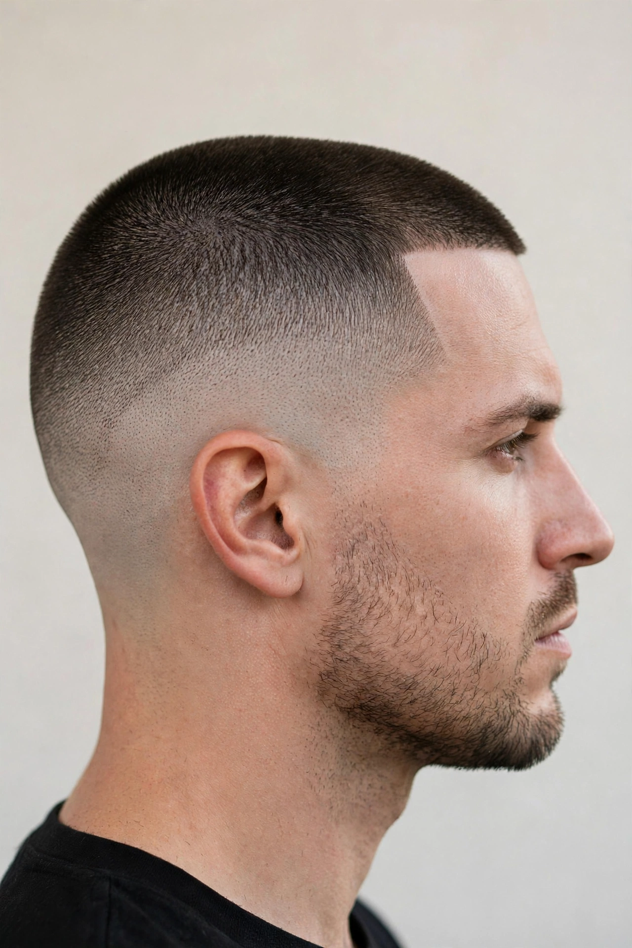 high and tight with drop fade curving behind the ear, side profile showing the arc