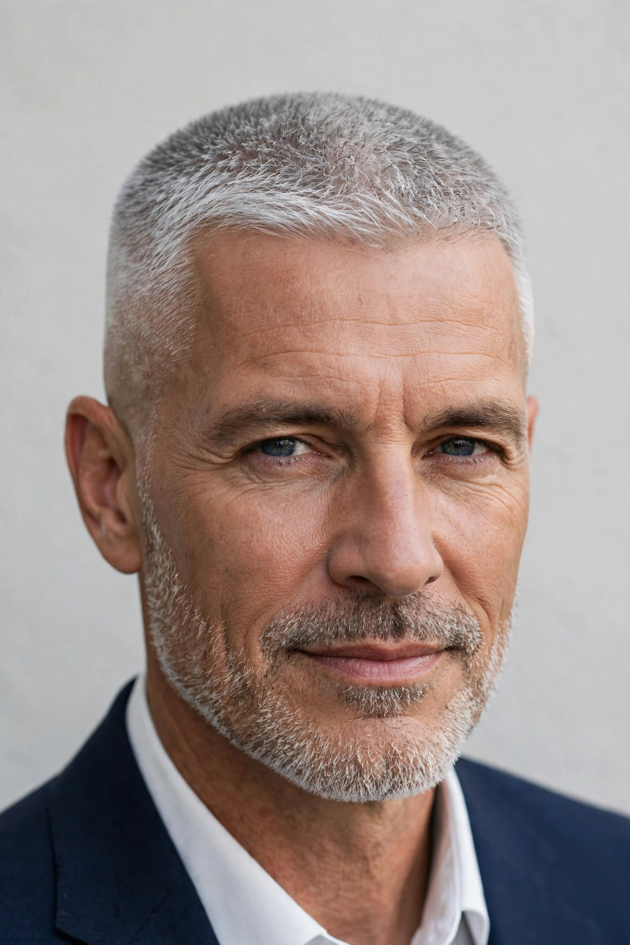 older gentleman with silver hair in a neat high and tight, distinguished confident portrait