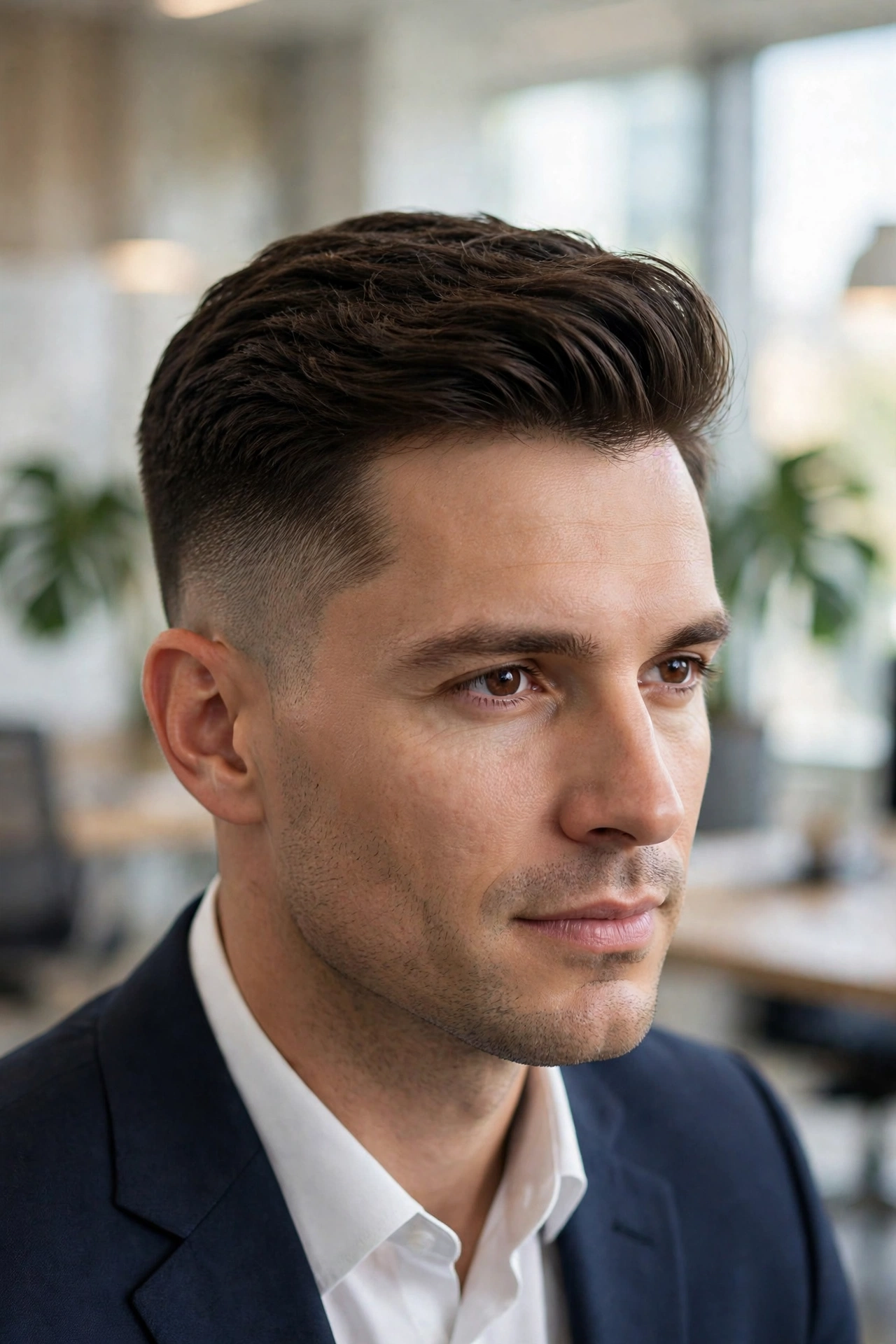 professional businessman in suit with polished modern high and tight, office setting