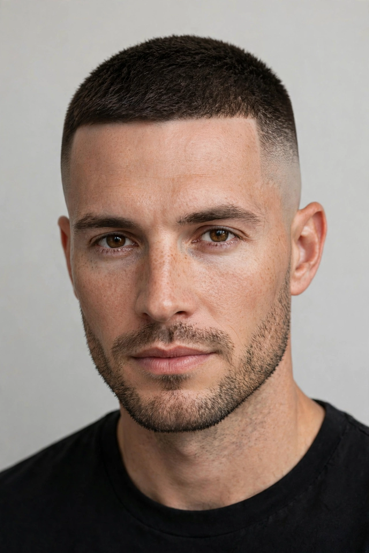 comparison-style portrait showing high and tight flattering an oval face, clean studio lighting
