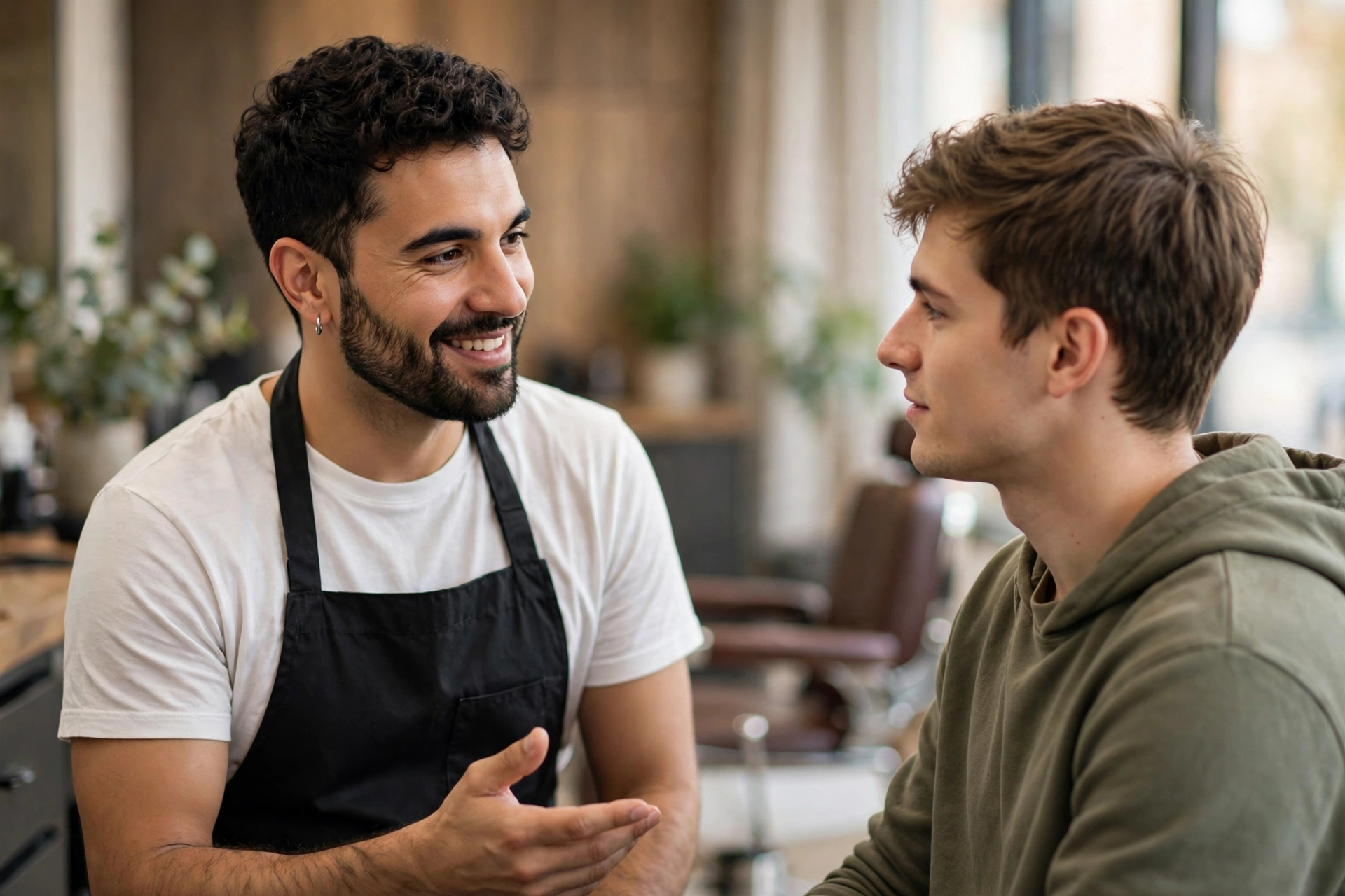 barber answering client questions in shop, friendly consultation atmosphere