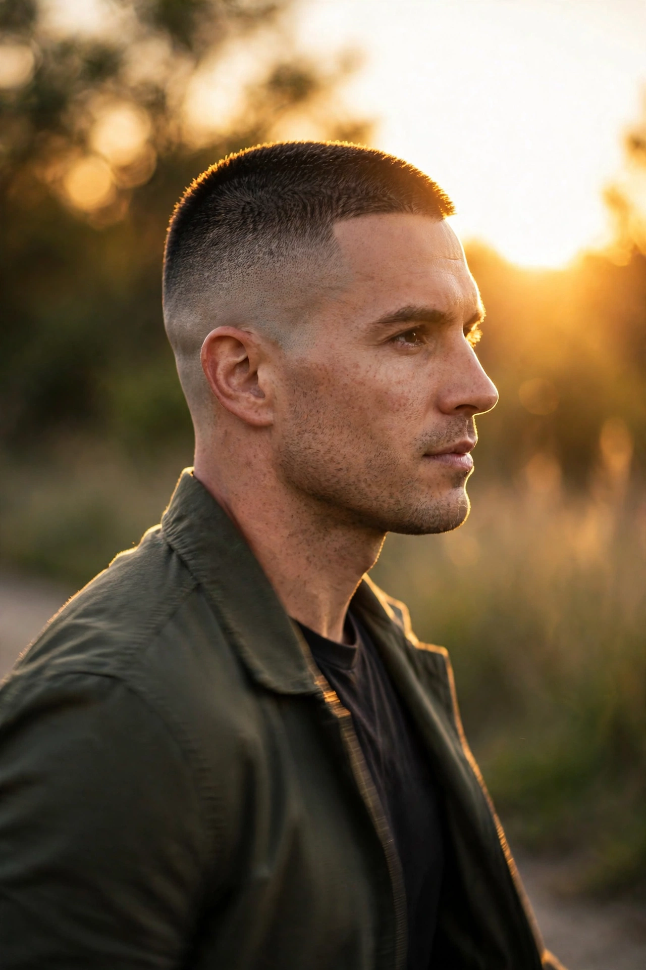 confident man with fresh high and tight walking outdoors, golden hour, cinematic portrait