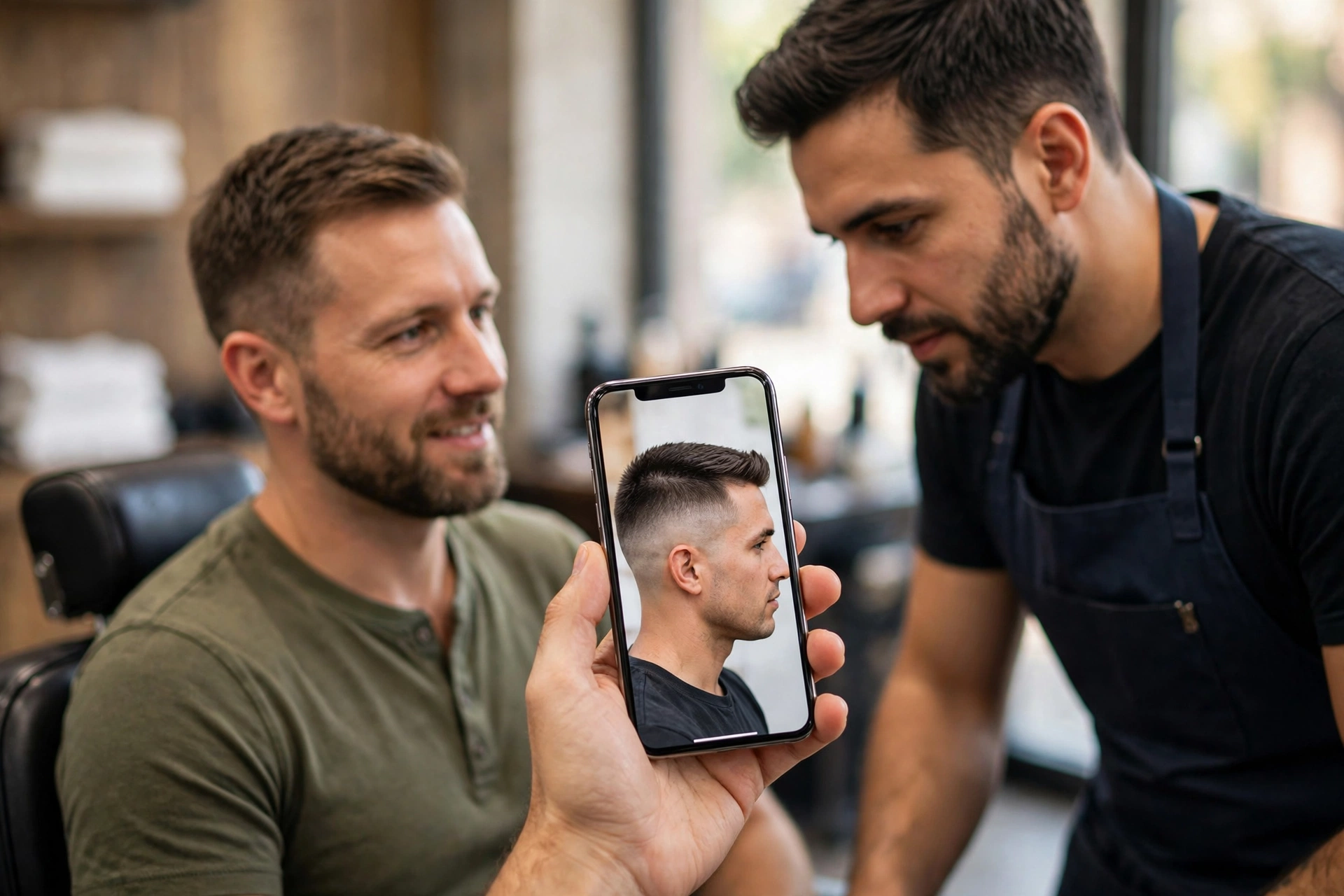 man talking to barber in chair showing reference photo on phone, consultation moment