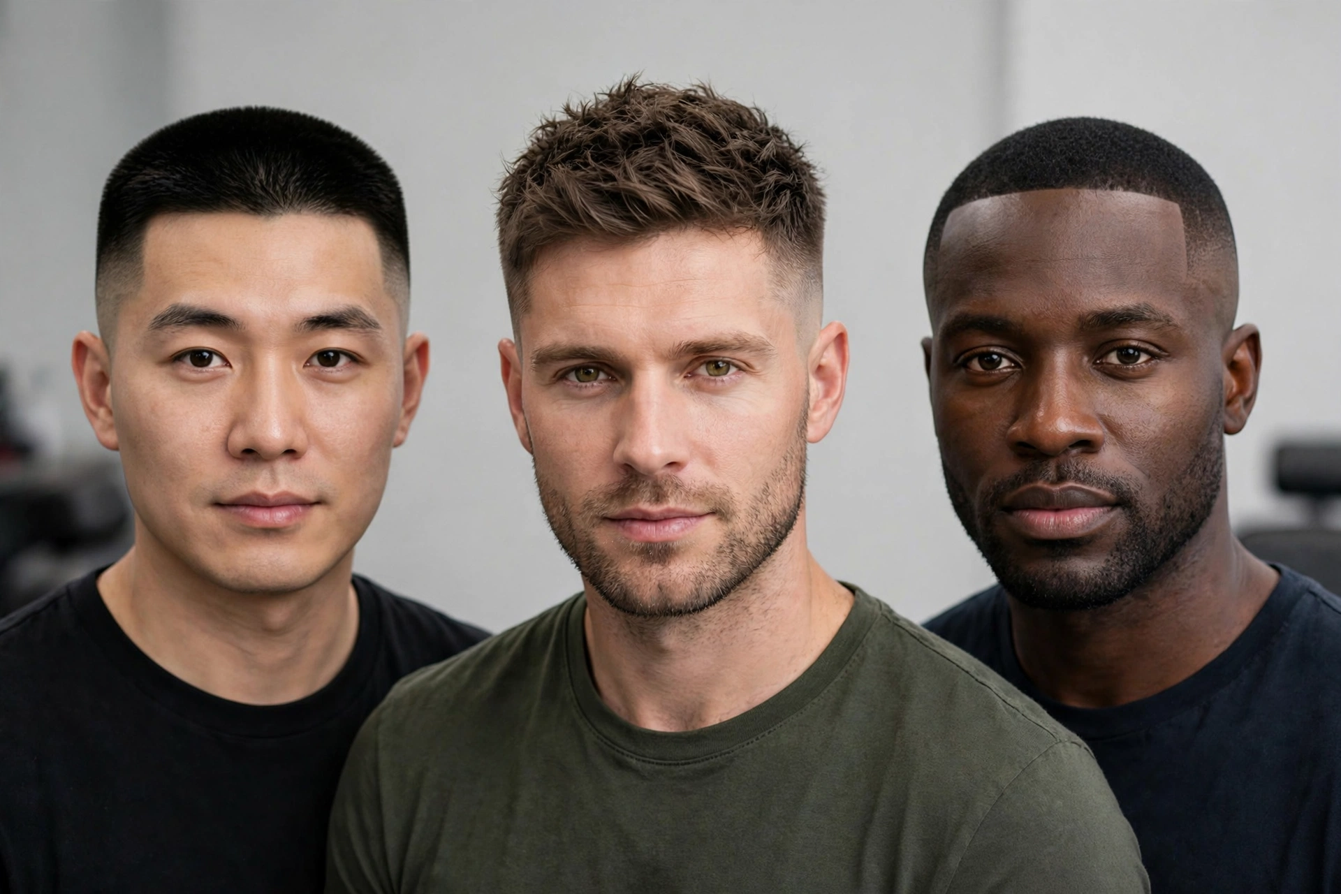 barbershop lineup of three men showing different high and tight variations, modern studio lighting