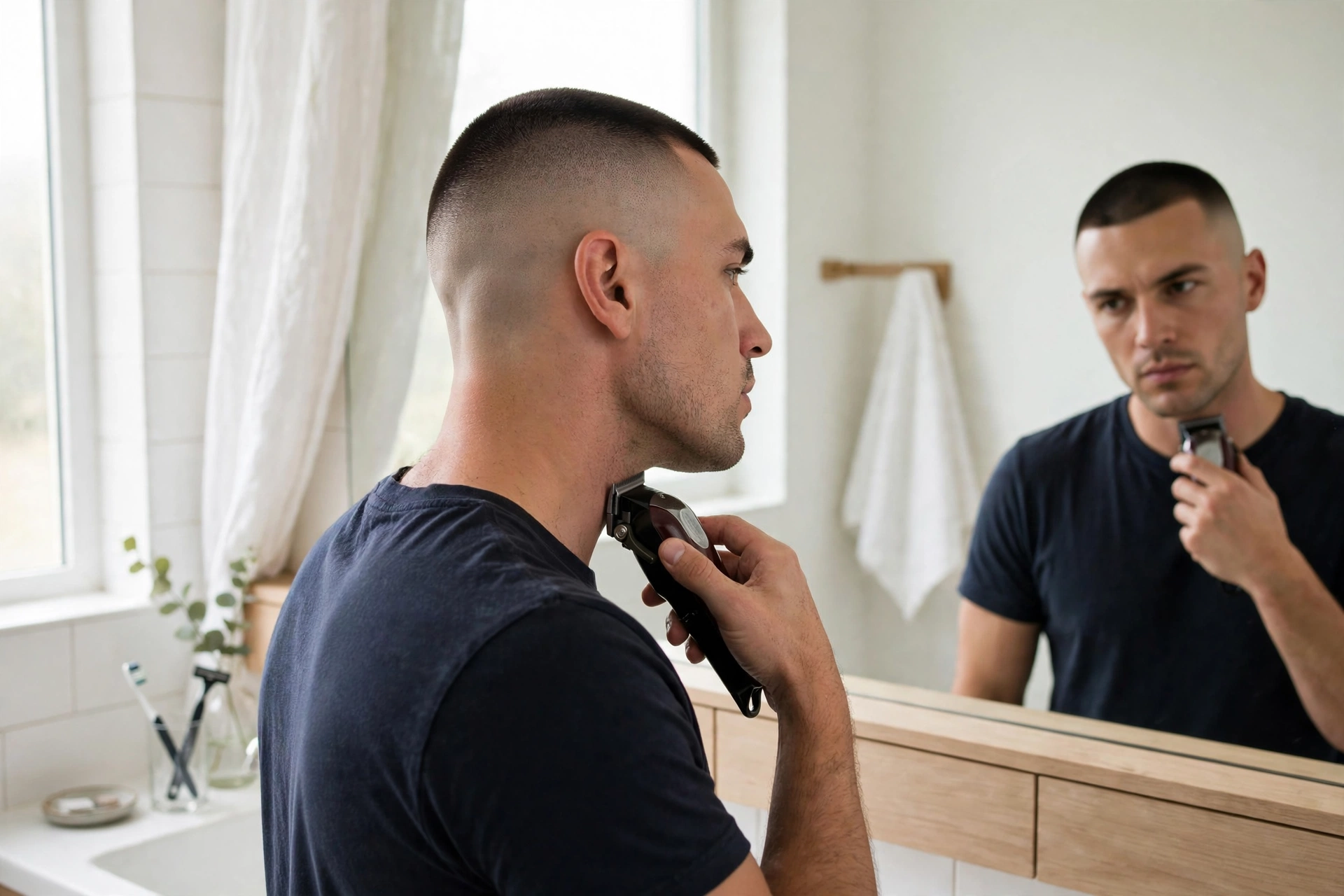 man grooming at home with clippers and mirror, bathroom morning routine