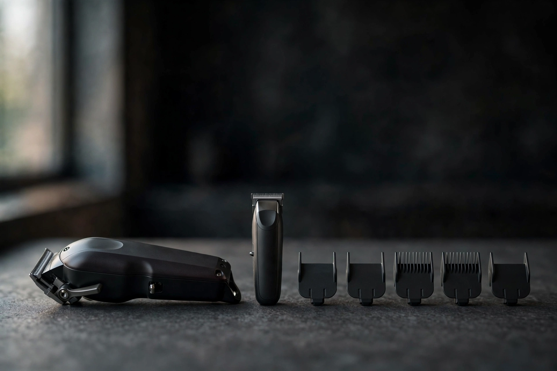 barber tools and clippers arranged on counter, close-up of guards and trimmers