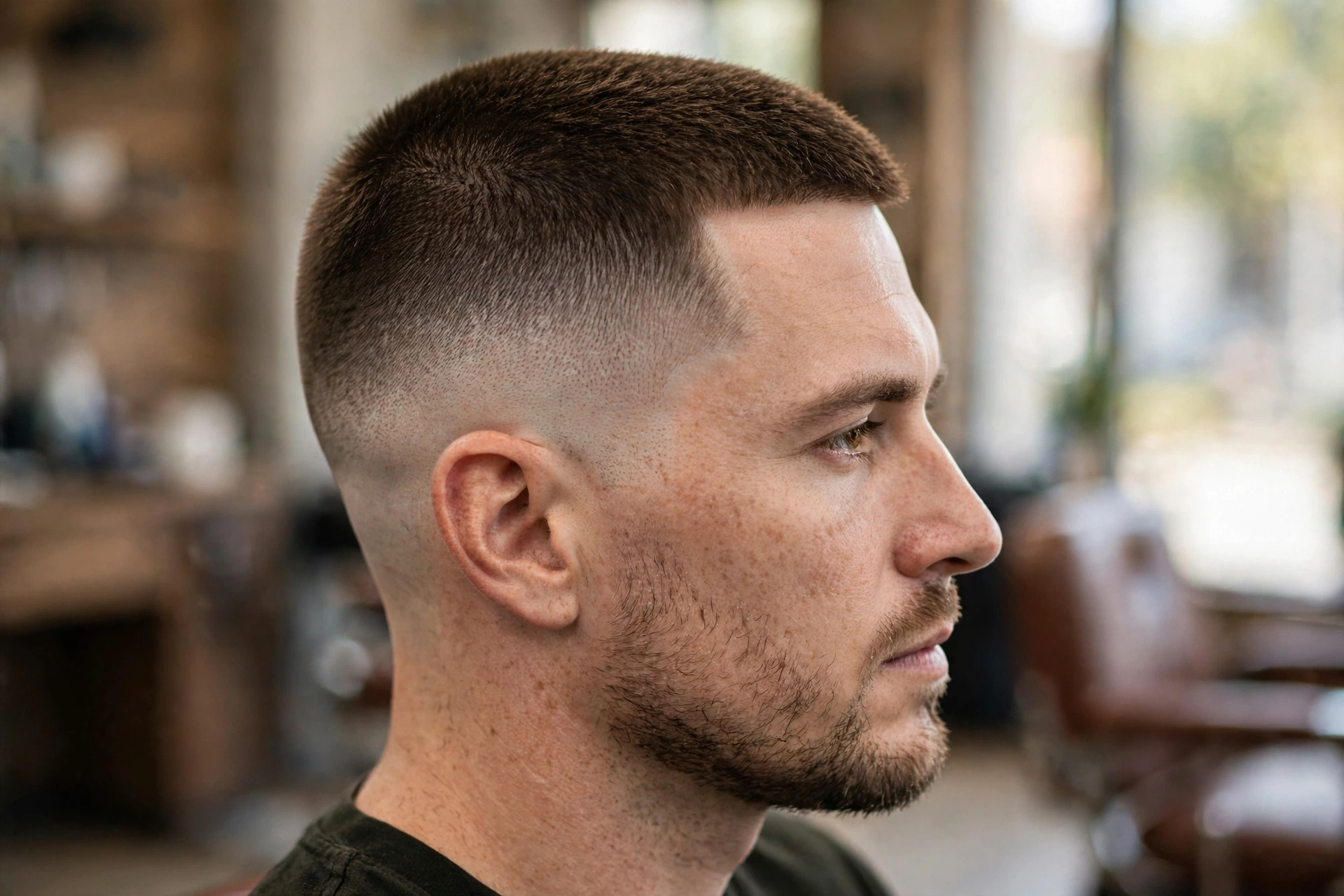 close-up side profile of a man with a classic high and tight haircut, shaved faded sides and short neat top, barbershop setting