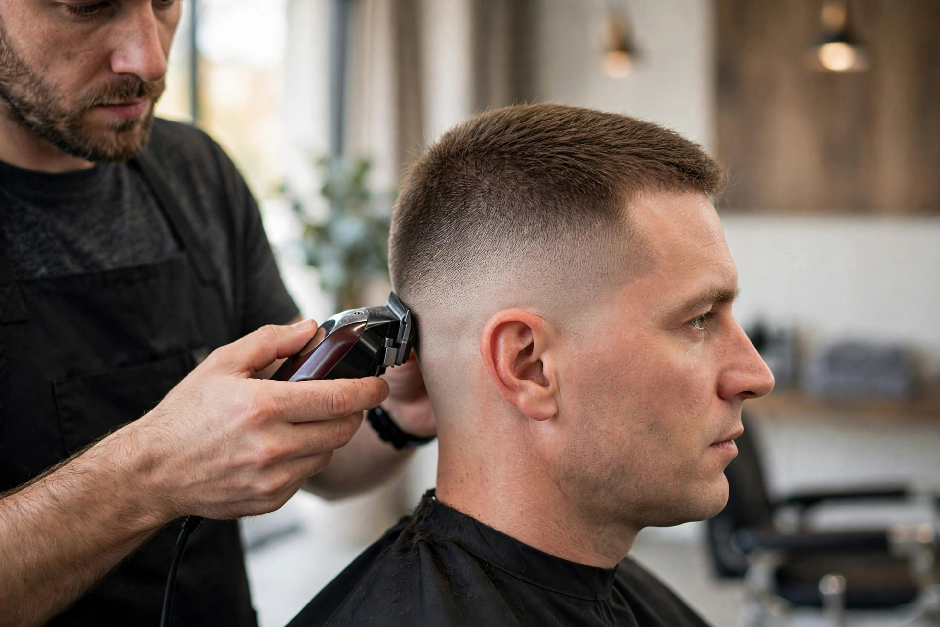 barber trimming a client's high and tight with clippers, modern barbershop interior, sharp detail on the fade line