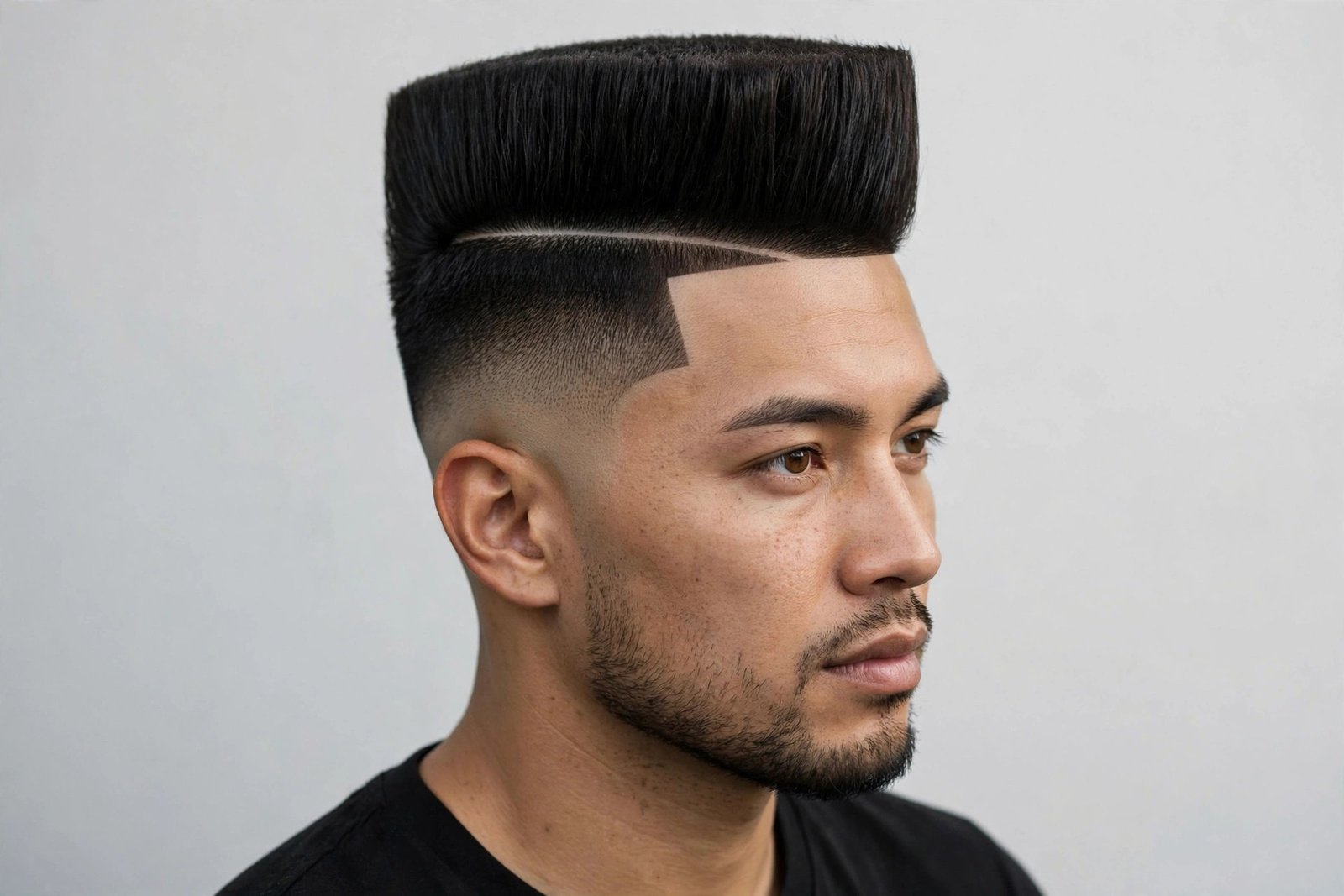 High top fade with a sharp line-up, crisp forehead and temple edges