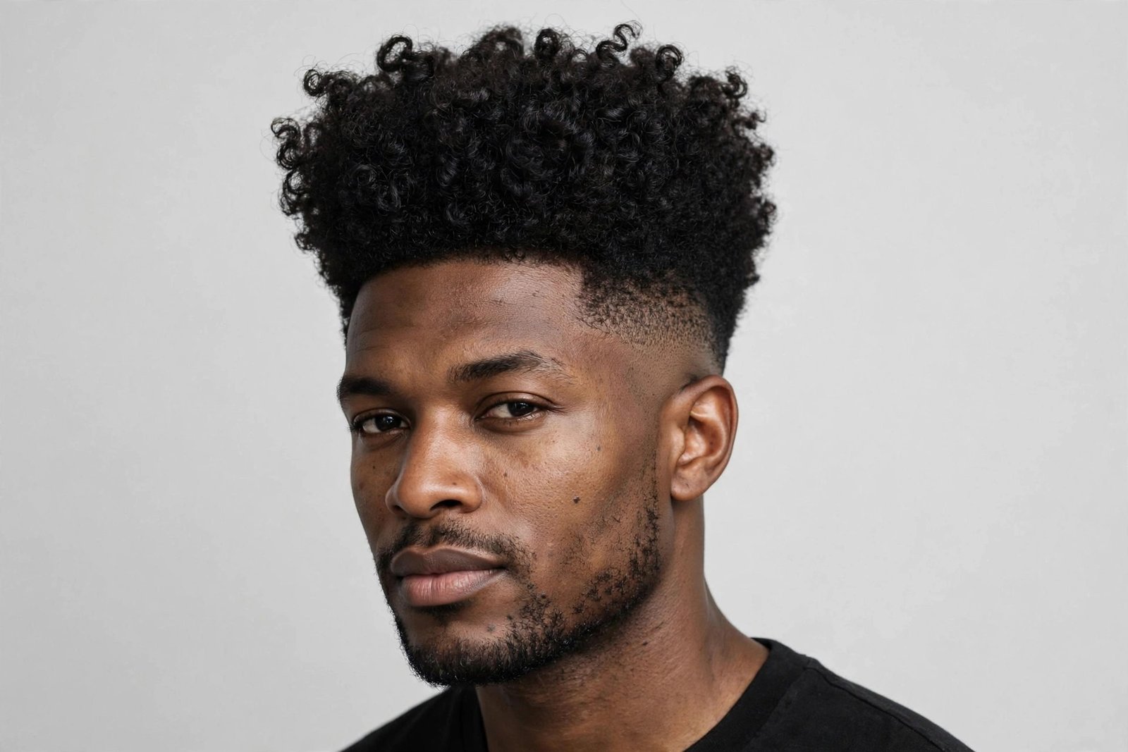 Curly high top fade with defined natural curls on top and faded sides