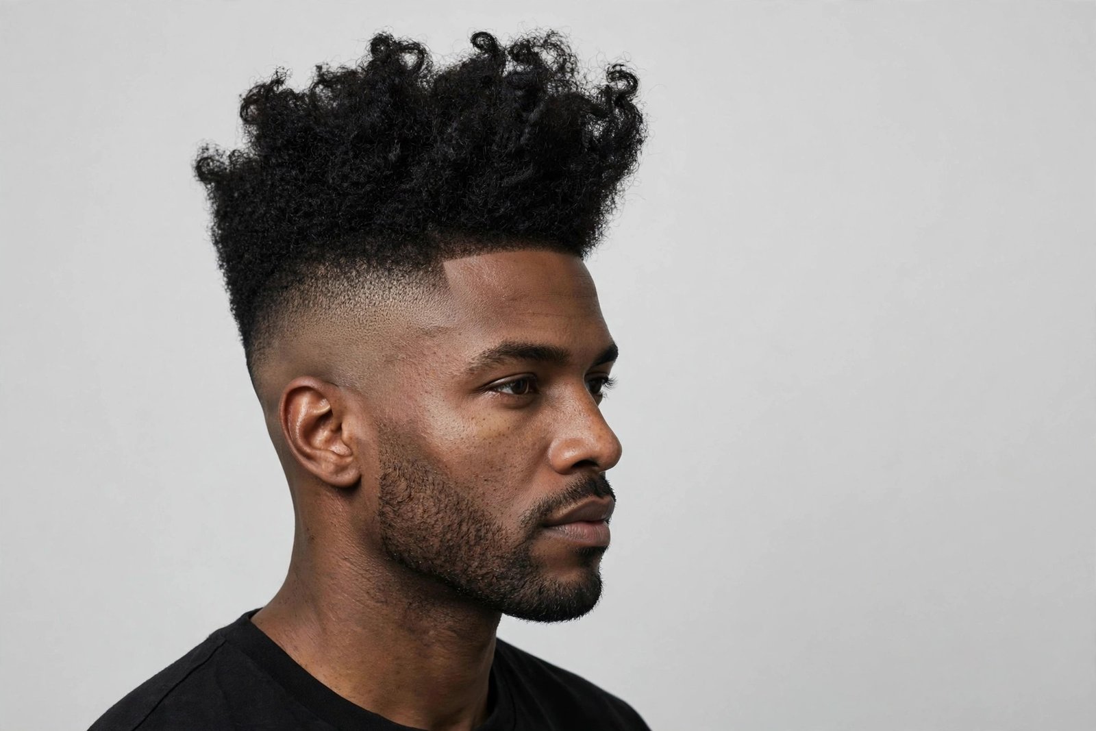 High top skin fade with bare faded sides and tall shaped hair on top