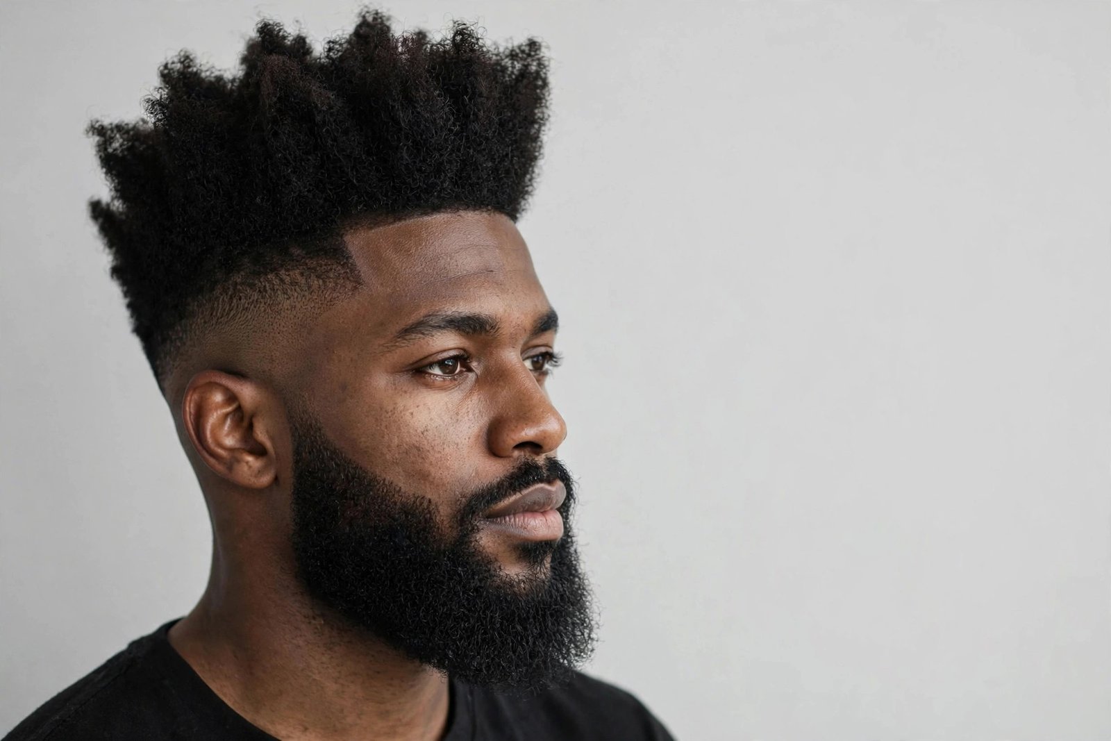 High top fade blended into a full beard, continuous sharp grooming silhouette