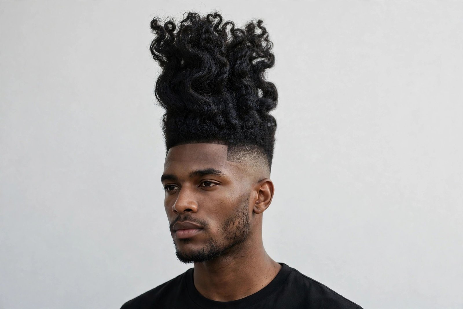 Extra-tall high top fade with dramatic towering height and tight faded sides