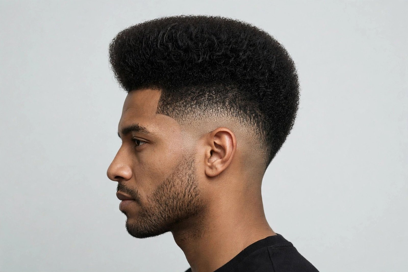 High top fade with a drop fade curving behind the ear, tall shaped top