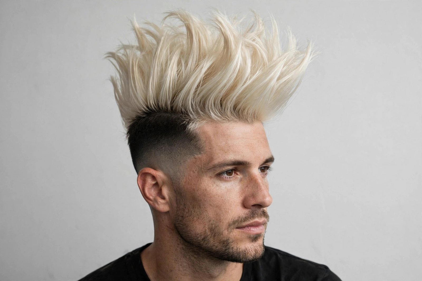 High top fade with platinum blonde colored top and dark faded sides