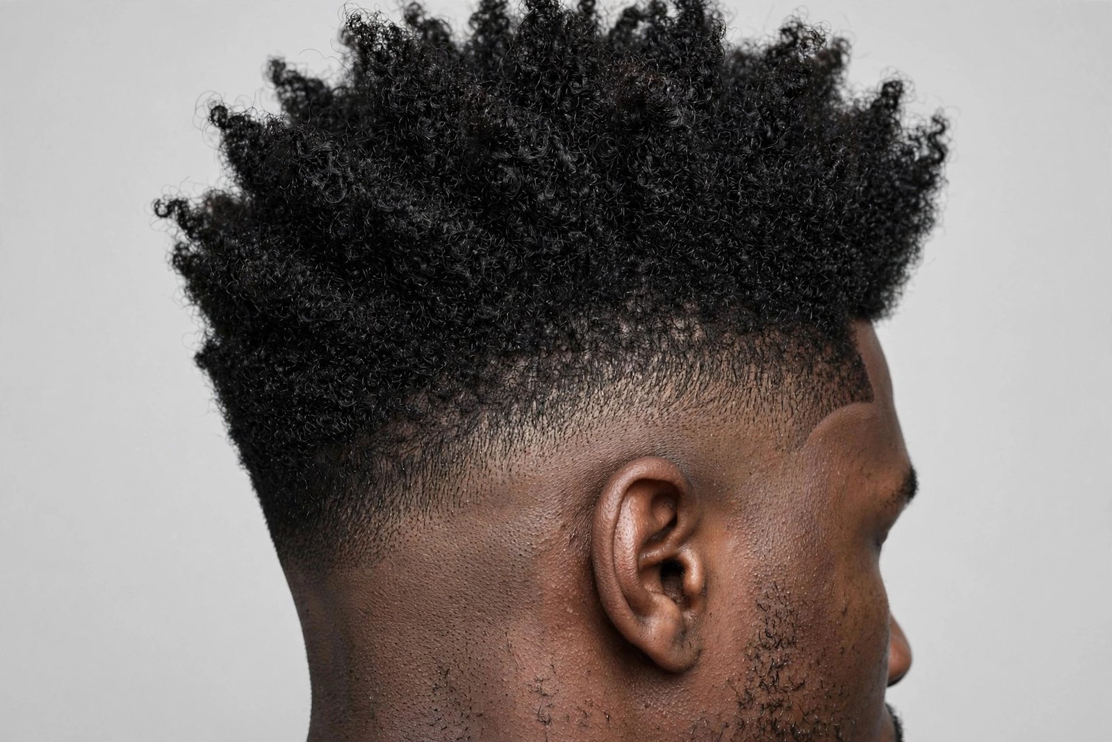 Close view of a well-shaped high top fade haircut with clean fade lines