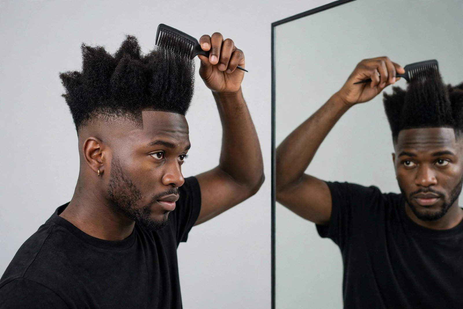 Man styling his high top fade haircut with a pick in front of a mirror