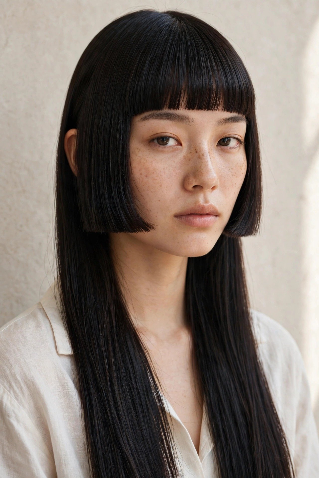 Woman with a classic hime cut showing blunt cheek-length sidelocks and straight-across bangs
