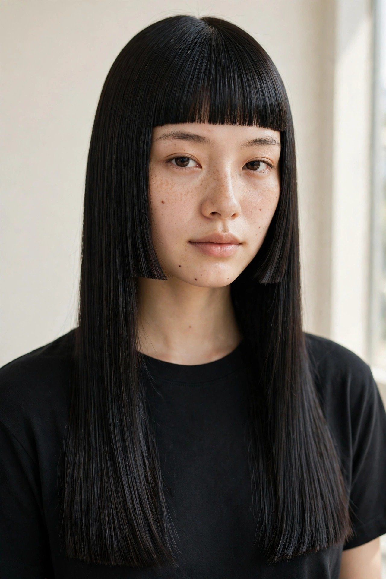 Modern blunt hime cut with razor-sharp edges worn by a young woman