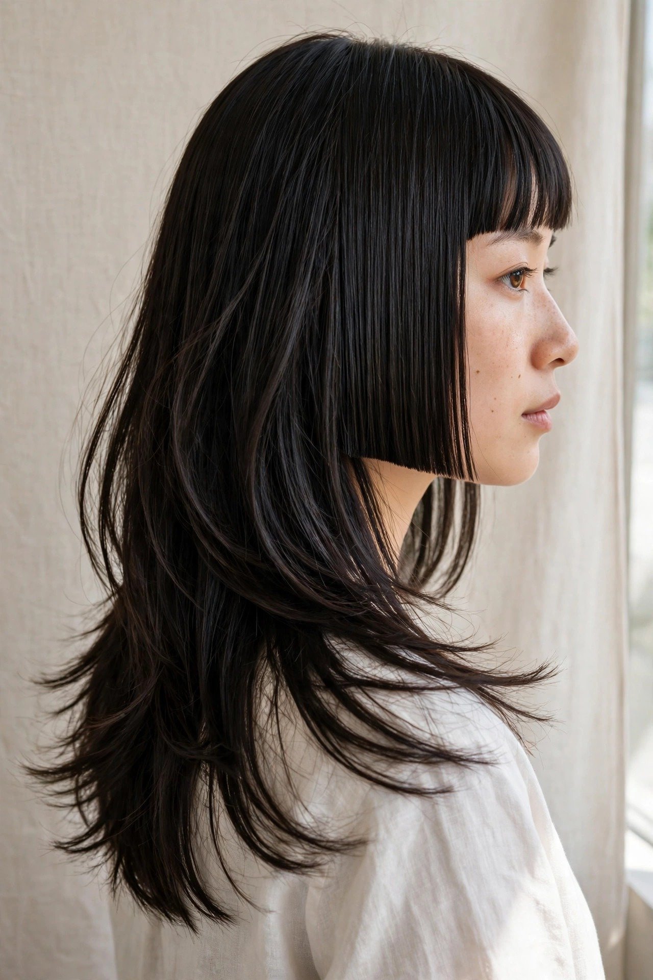 Layered hime cut showing the difference between sidelocks and blended layers