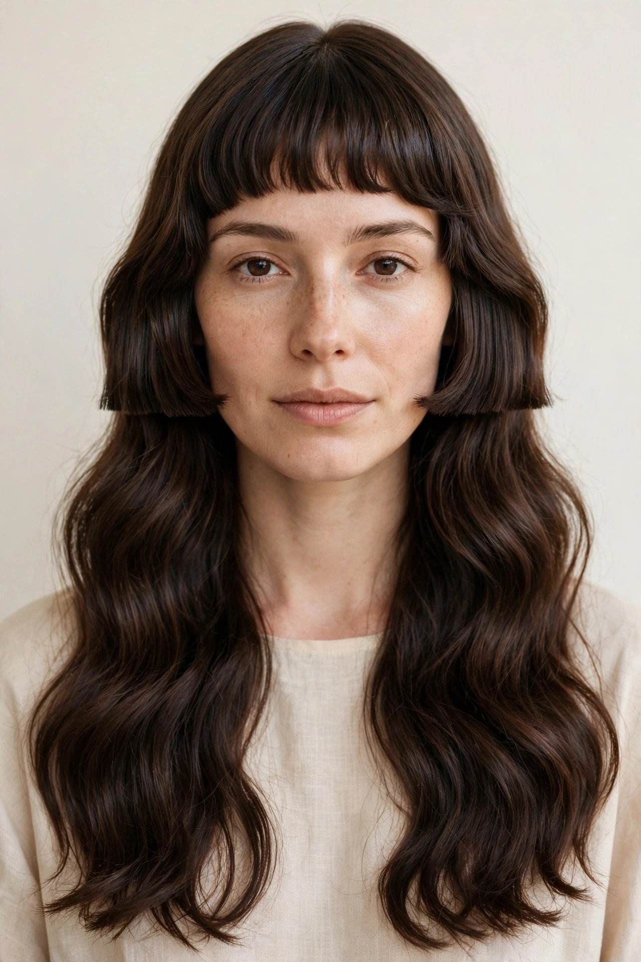 Wavy hime cut on a woman with an oval face showing flattering proportions
