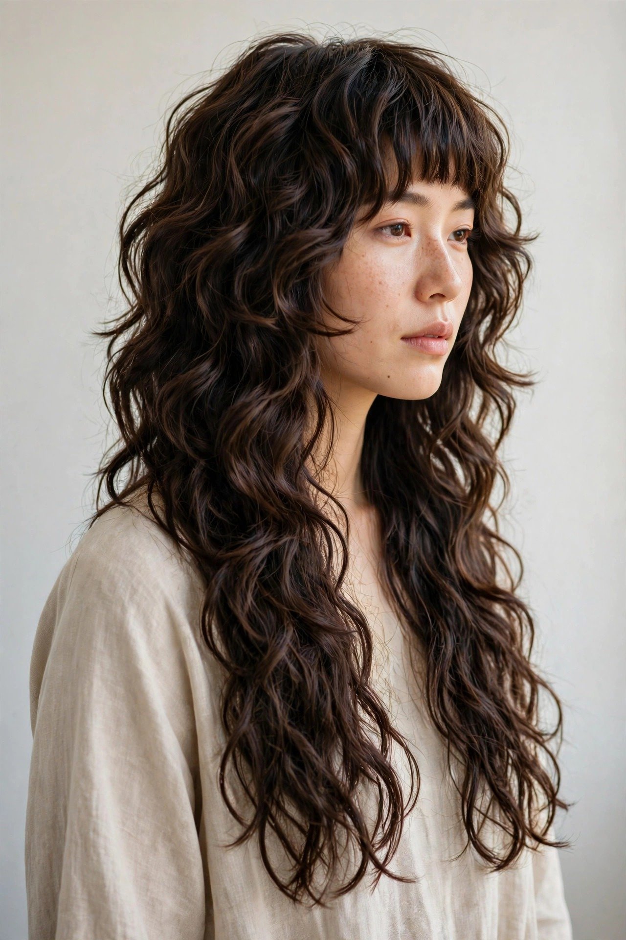Shaggy layered hime cut adapted for thick wavy hair texture