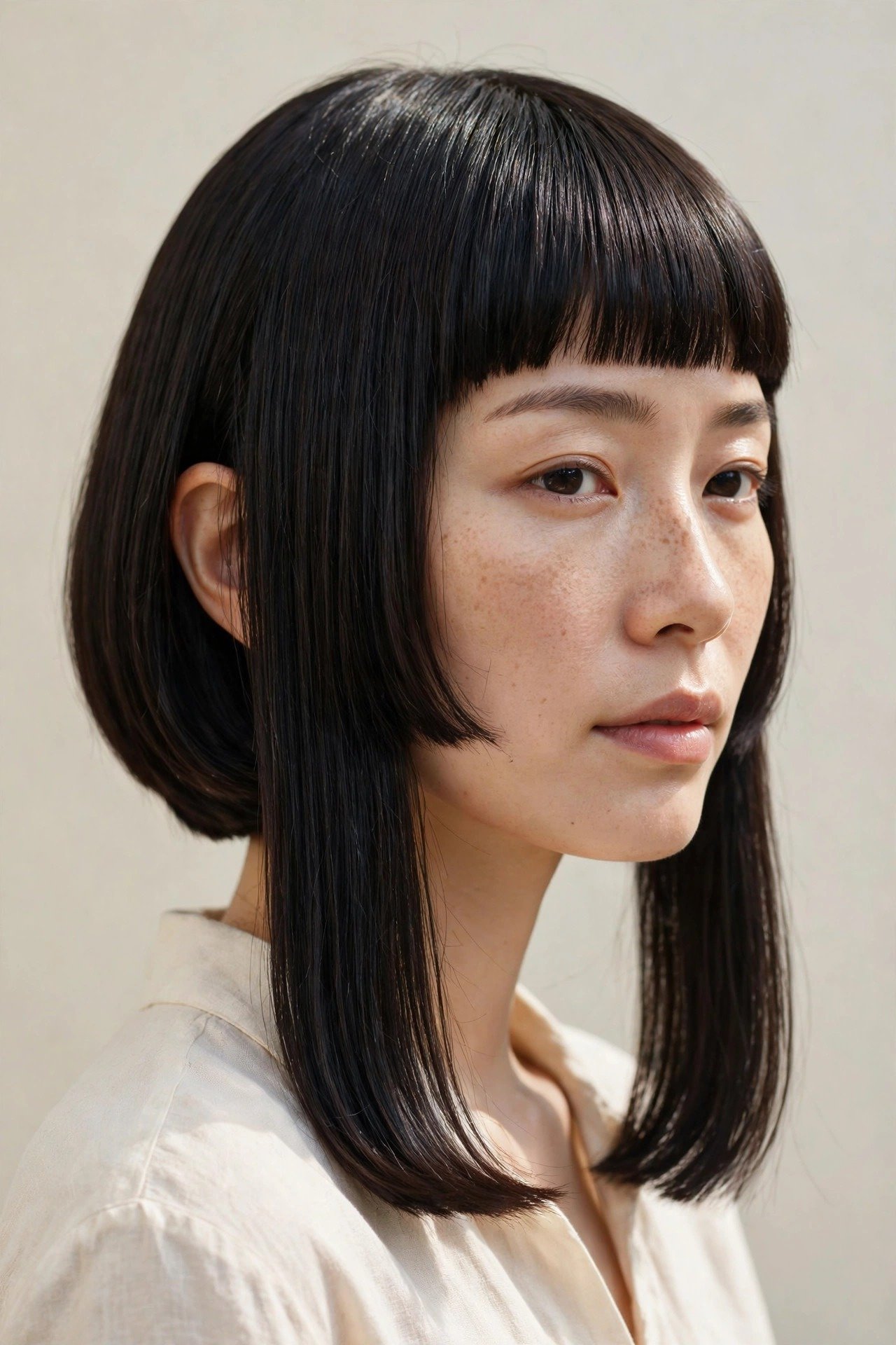 Short bob-length hime cut with precise blunt sidelocks