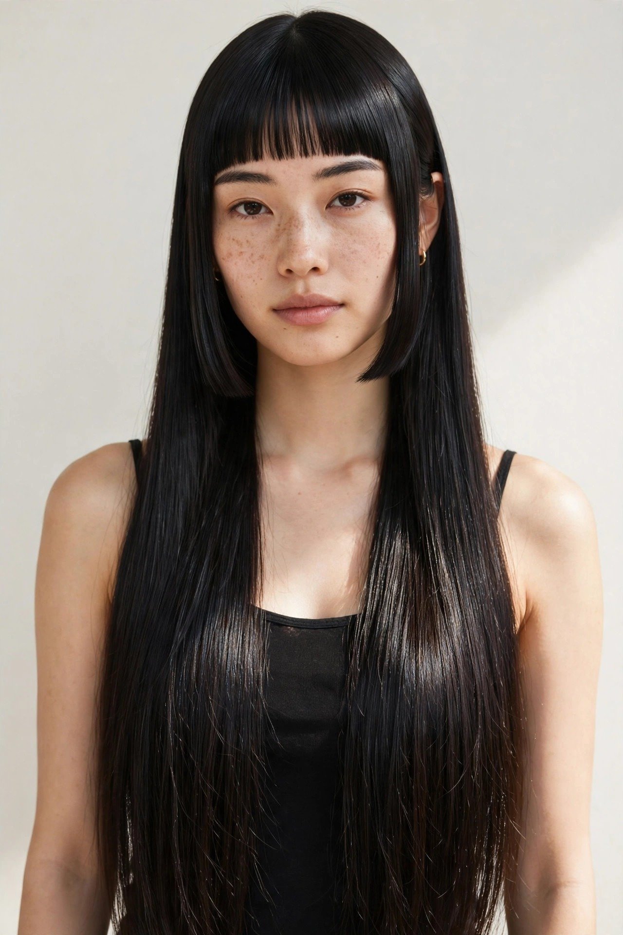 Long hime cut with sleek face-framing sidelocks styled pin-straight