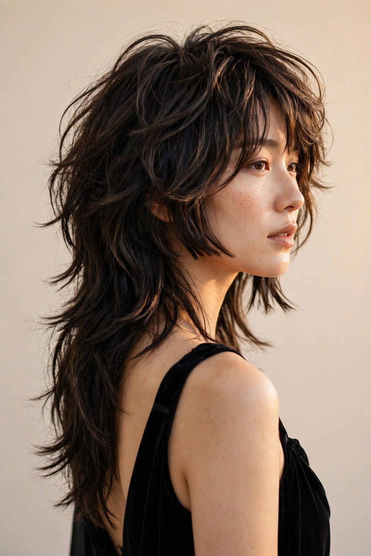 Hime cut with wolf-cut layers styled for an evening occasion