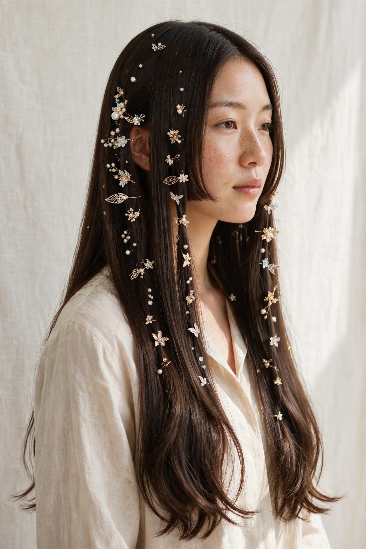 Grown-out hime cut styled with decorative princess hair accessories
