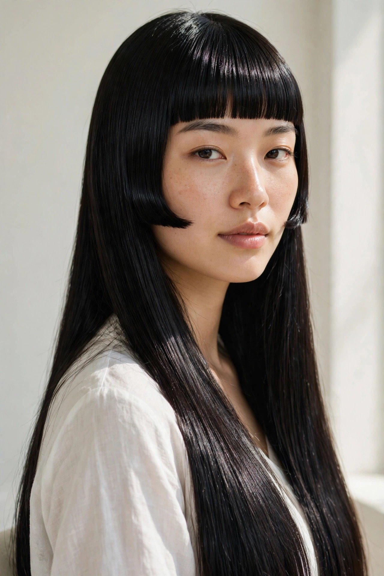 Confident woman wearing a sleek finished hime cut