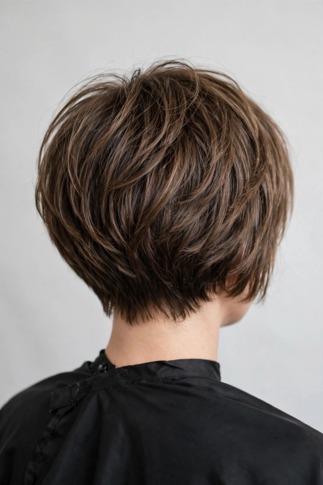 Short hush cut bob from the back showing layered crown shape