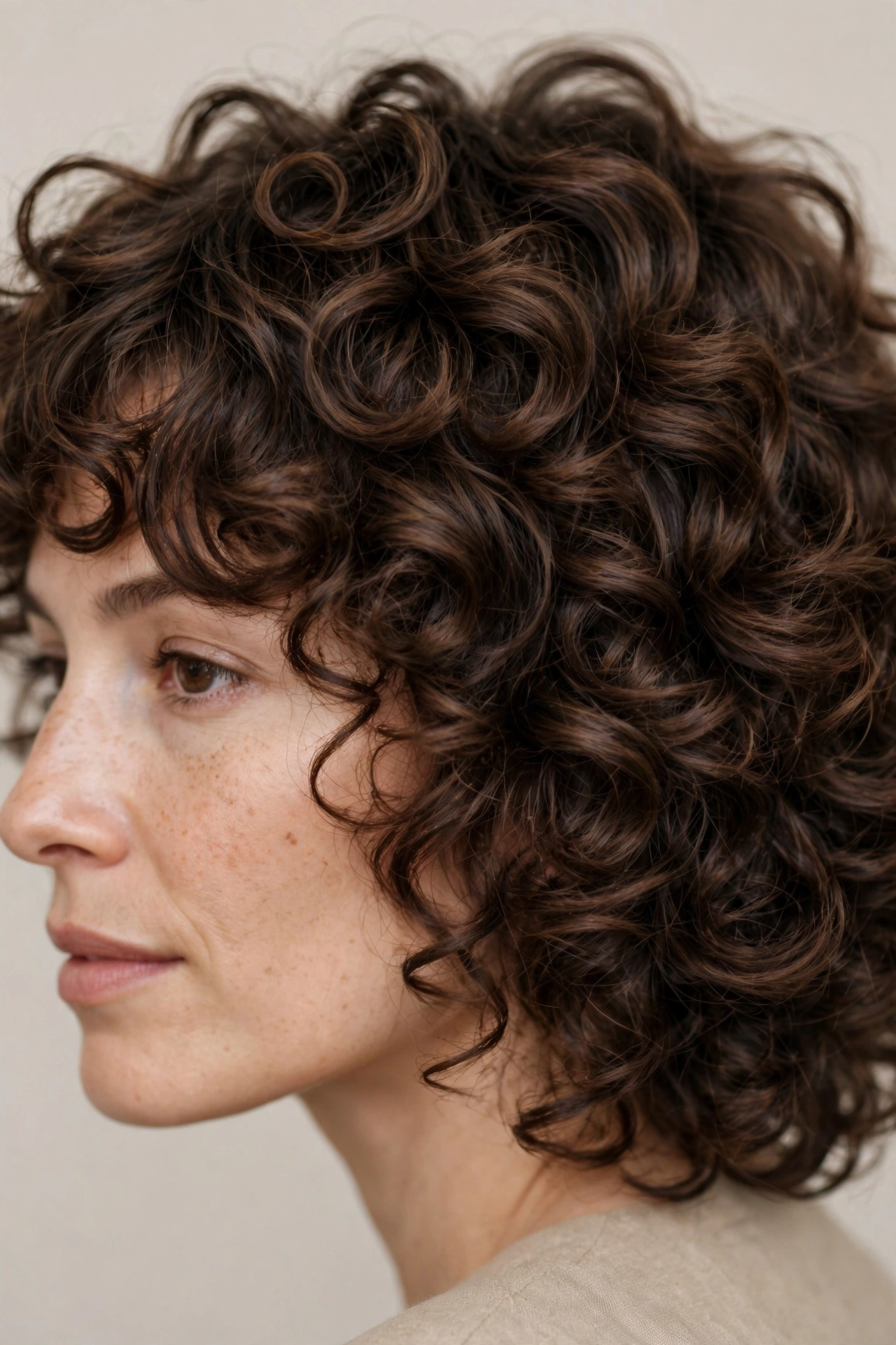 Curly hush cut close-up showing defined curls with blended layers