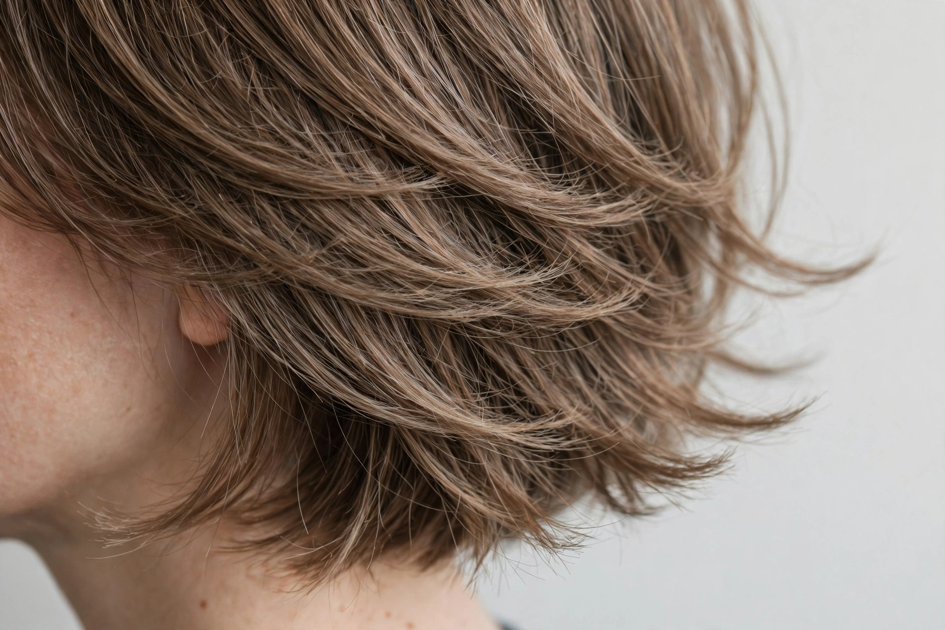 Detail shot of hush cut layers showing soft blended texture