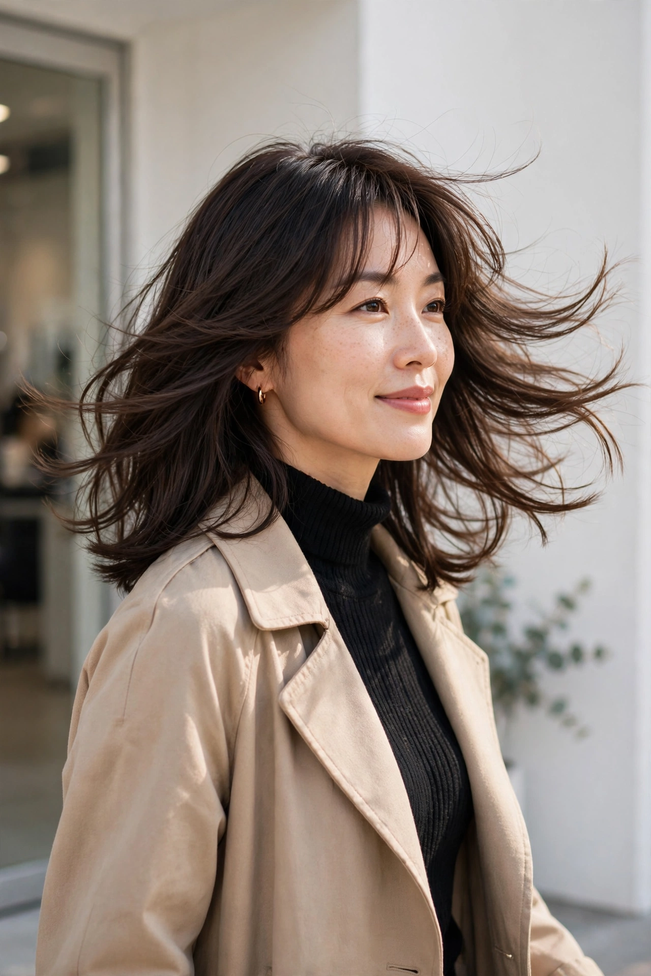 Confident woman with a finished hush cut leaving the salon, final look