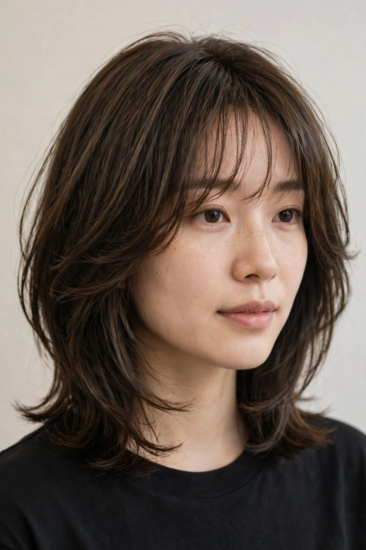 Classic medium hush cut on a woman, shoulder-length with cheekbone layers and wispy bangs