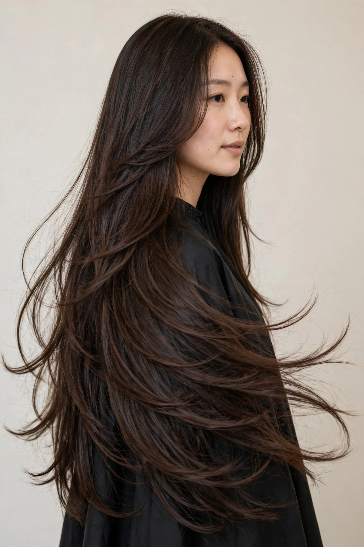 Long hush cut on a woman, waist-length hair with soft cascading layers
