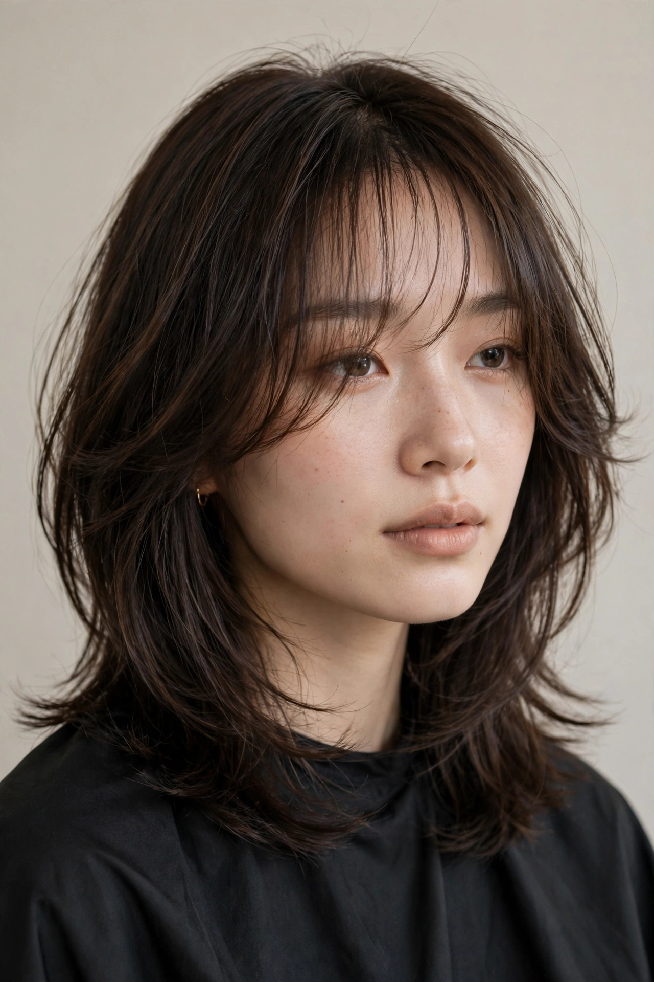 Hush cut with Korean air bangs, sheer wispy bangs blending into layered hair