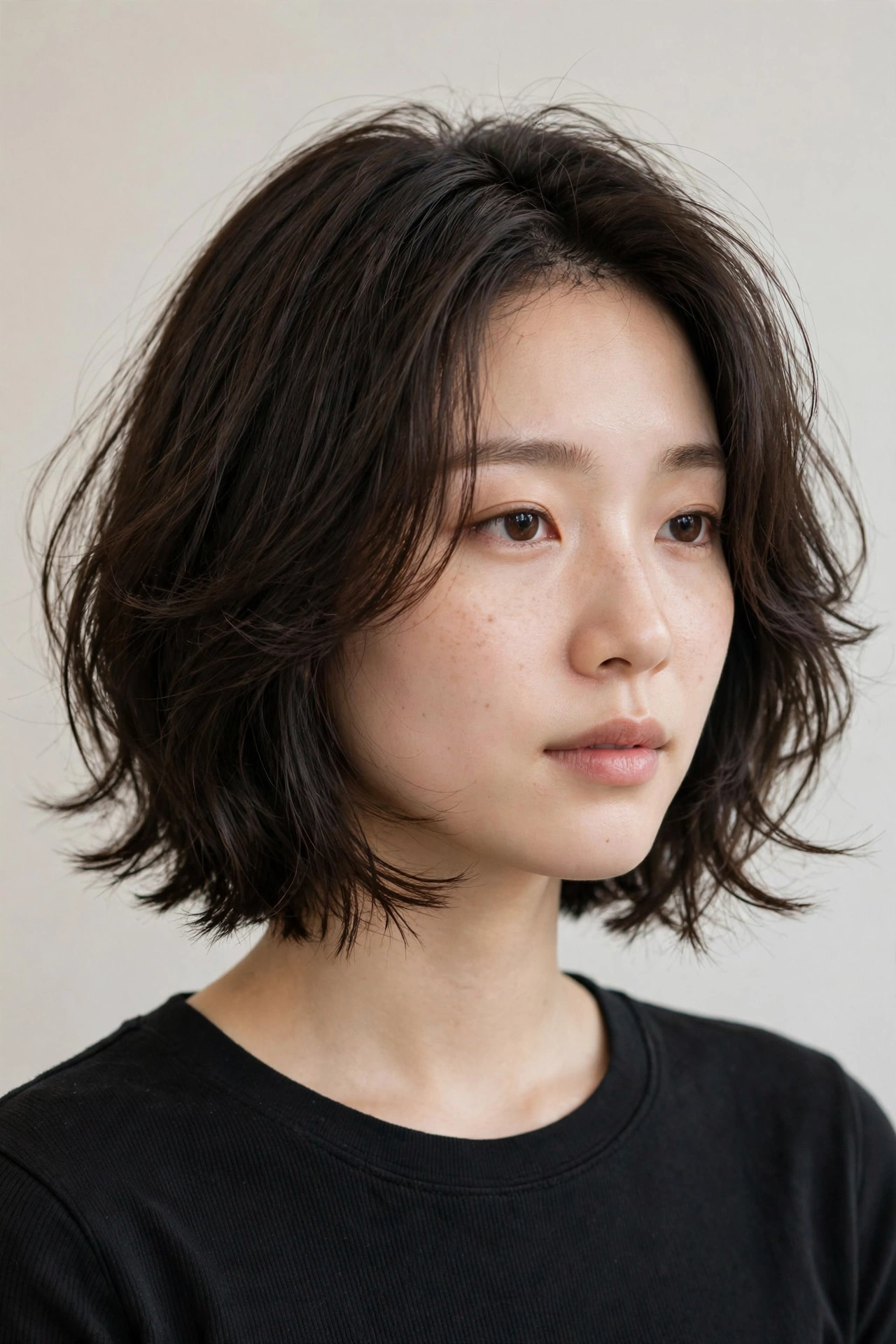 Hush cut bob on a woman, chin-length layered bob with feathered flicked ends