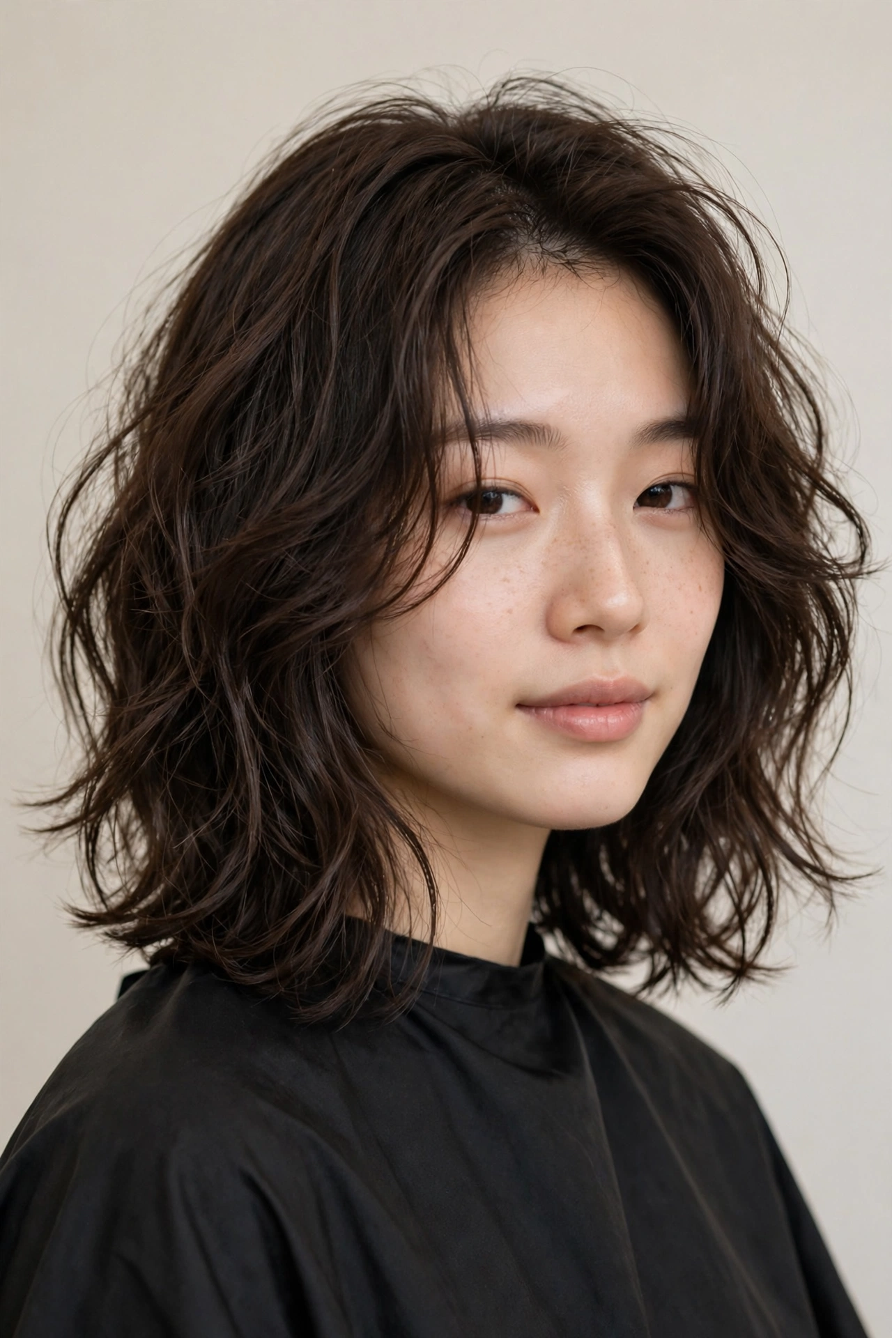 Wavy hush cut on a woman, natural waves enhanced by soft layered texture