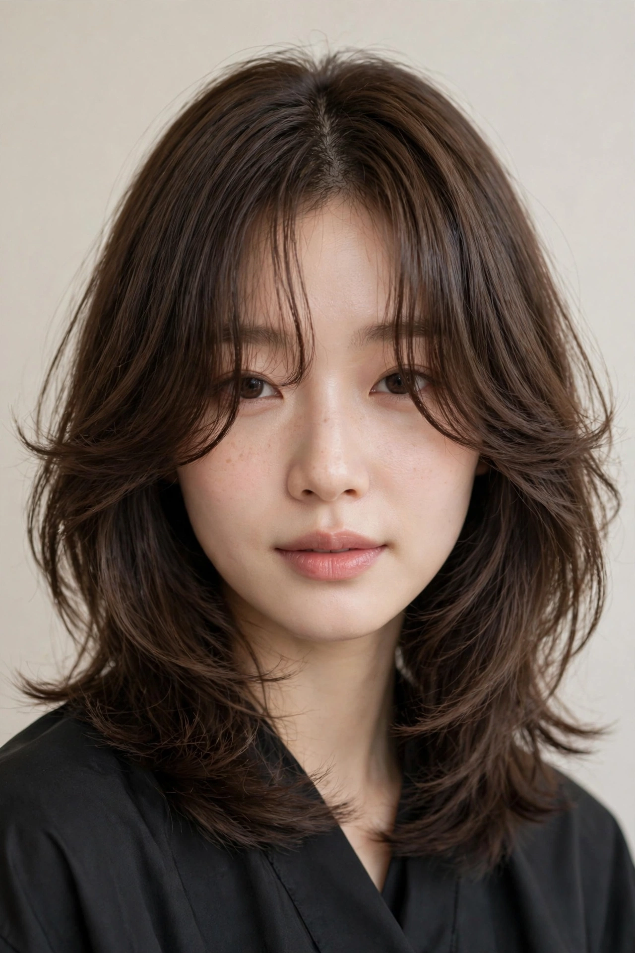 Hush cut with curtain bangs parted in the middle, sweeping into face-framing layers